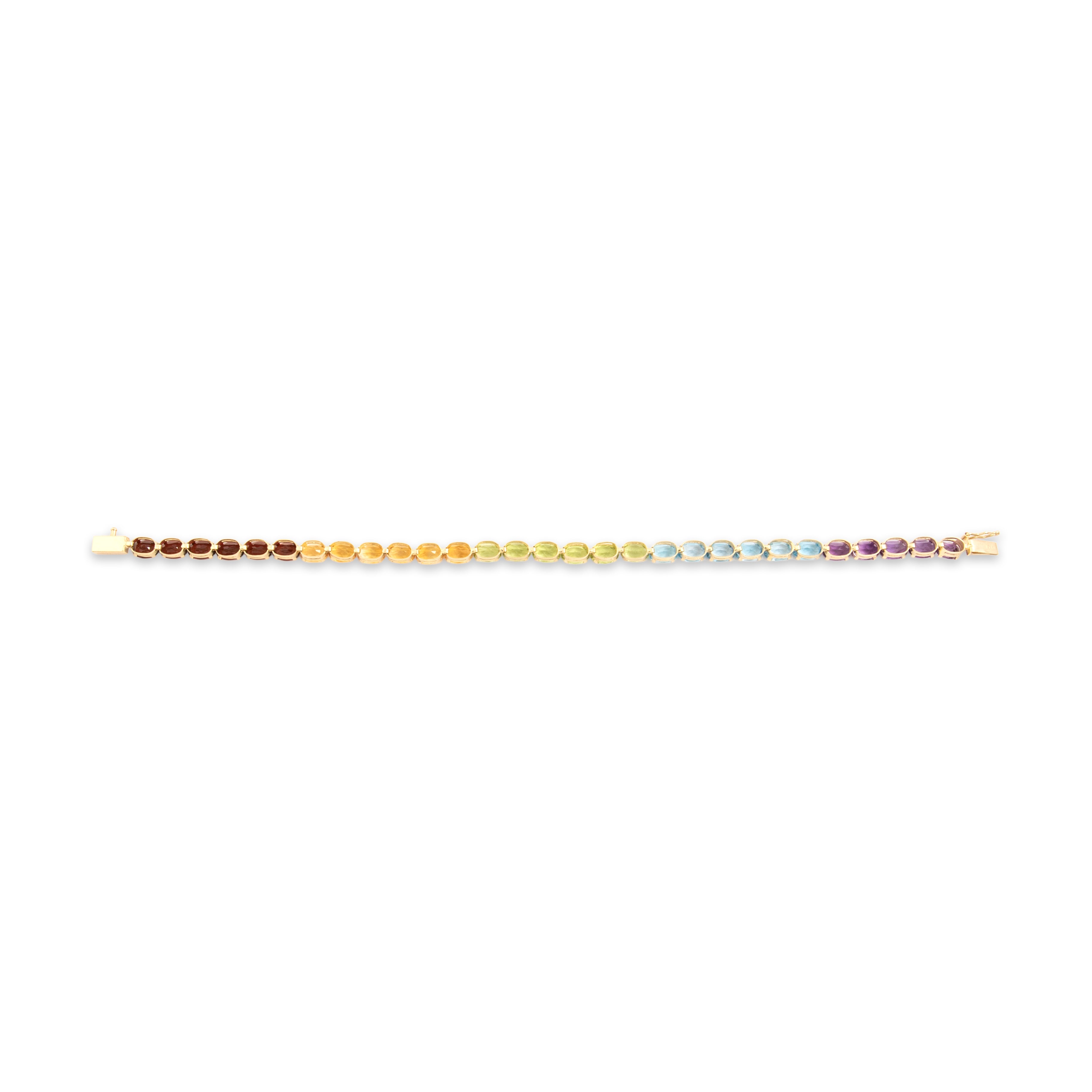 Vintage 14k Yellow Gold 3.01cttw Red Garnet 2.75cttw Peridot 2.68cttw Blue Topaz 2.34cttw Citrine 1.91cttw Amethyst Rainbow Playful Tennis Link Bracelet - Back view