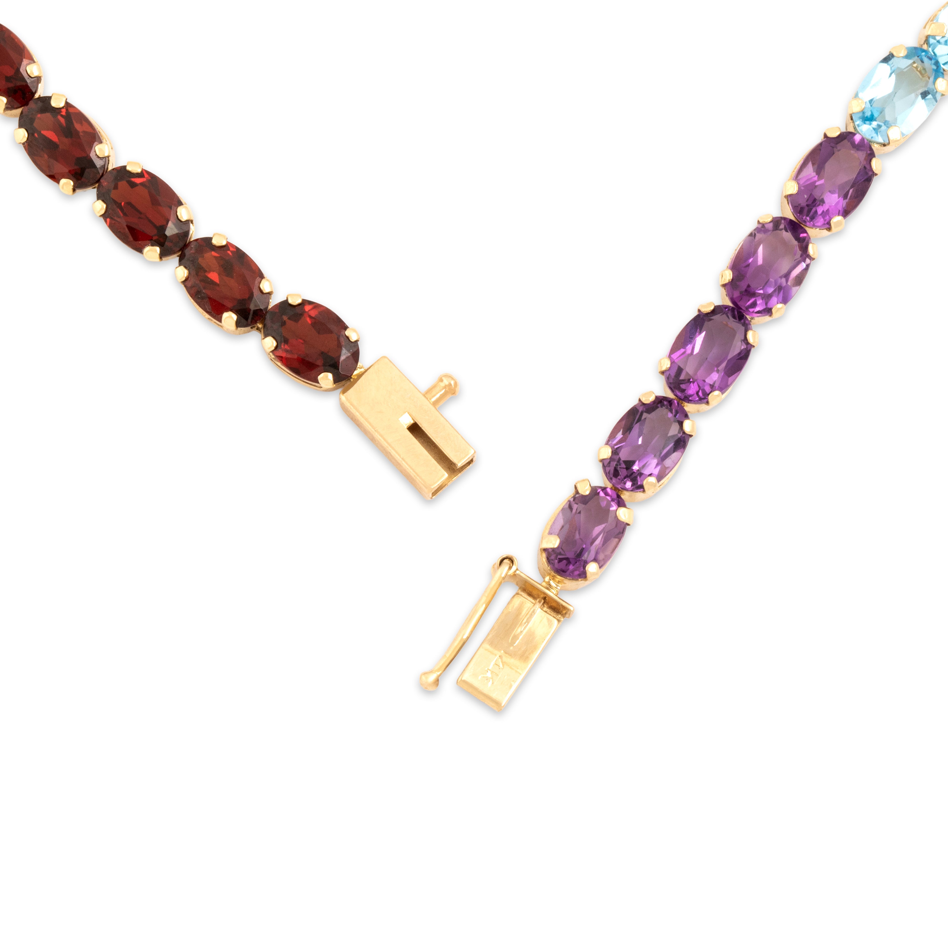 Vintage 14k Yellow Gold 3.01cttw Red Garnet 2.75cttw Peridot 2.68cttw Blue Topaz 2.34cttw Citrine 1.91cttw Amethyst Rainbow Playful Tennis Link Bracelet - clasp view