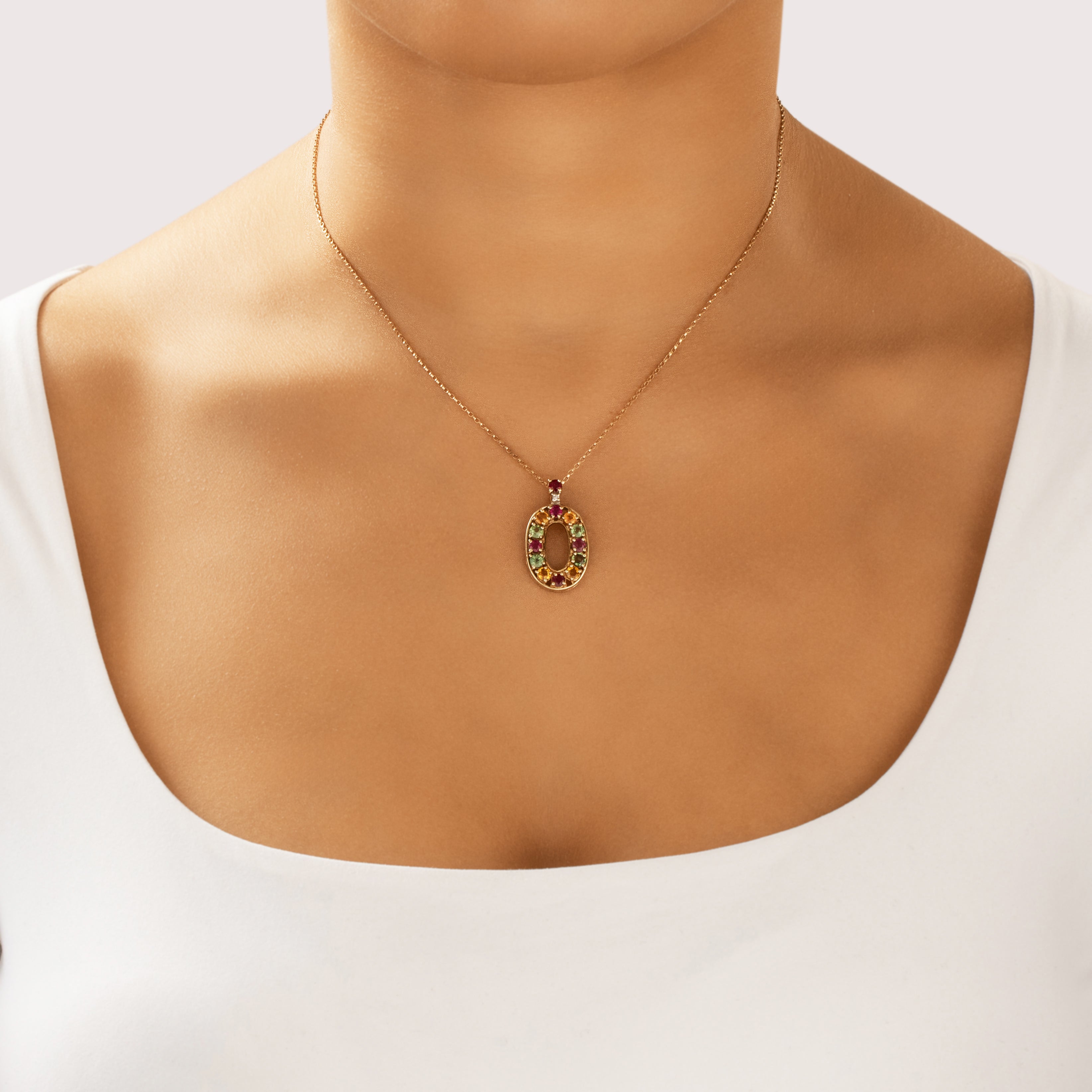Vintage English 9k Yellow Gold 1.39cttw Sapphire .83cttw Ruby Diamond Oval Pendant - On model view