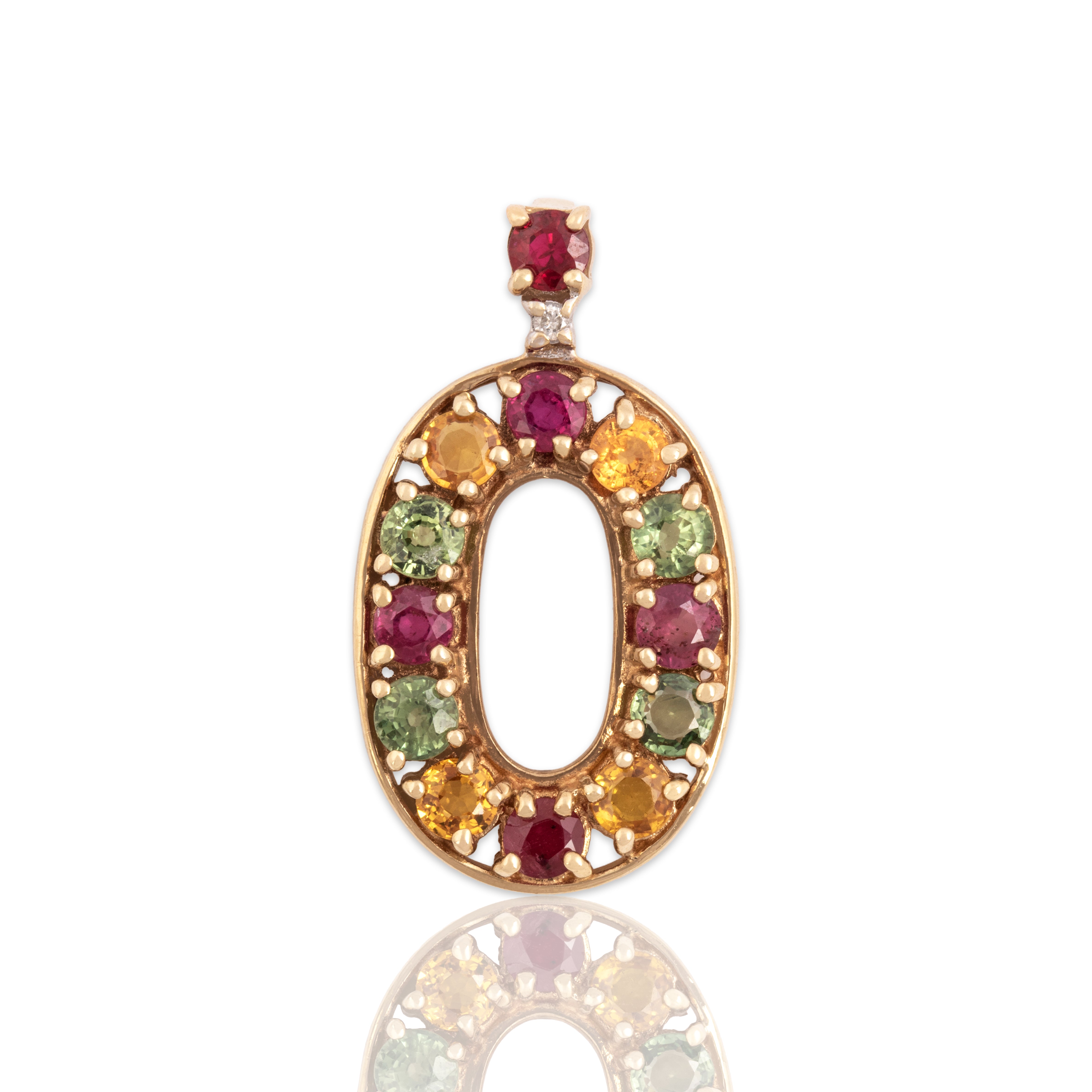 Vintage English 9k Yellow Gold 1.39cttw Sapphire .83cttw Ruby Diamond Oval Pendant - Close-up view