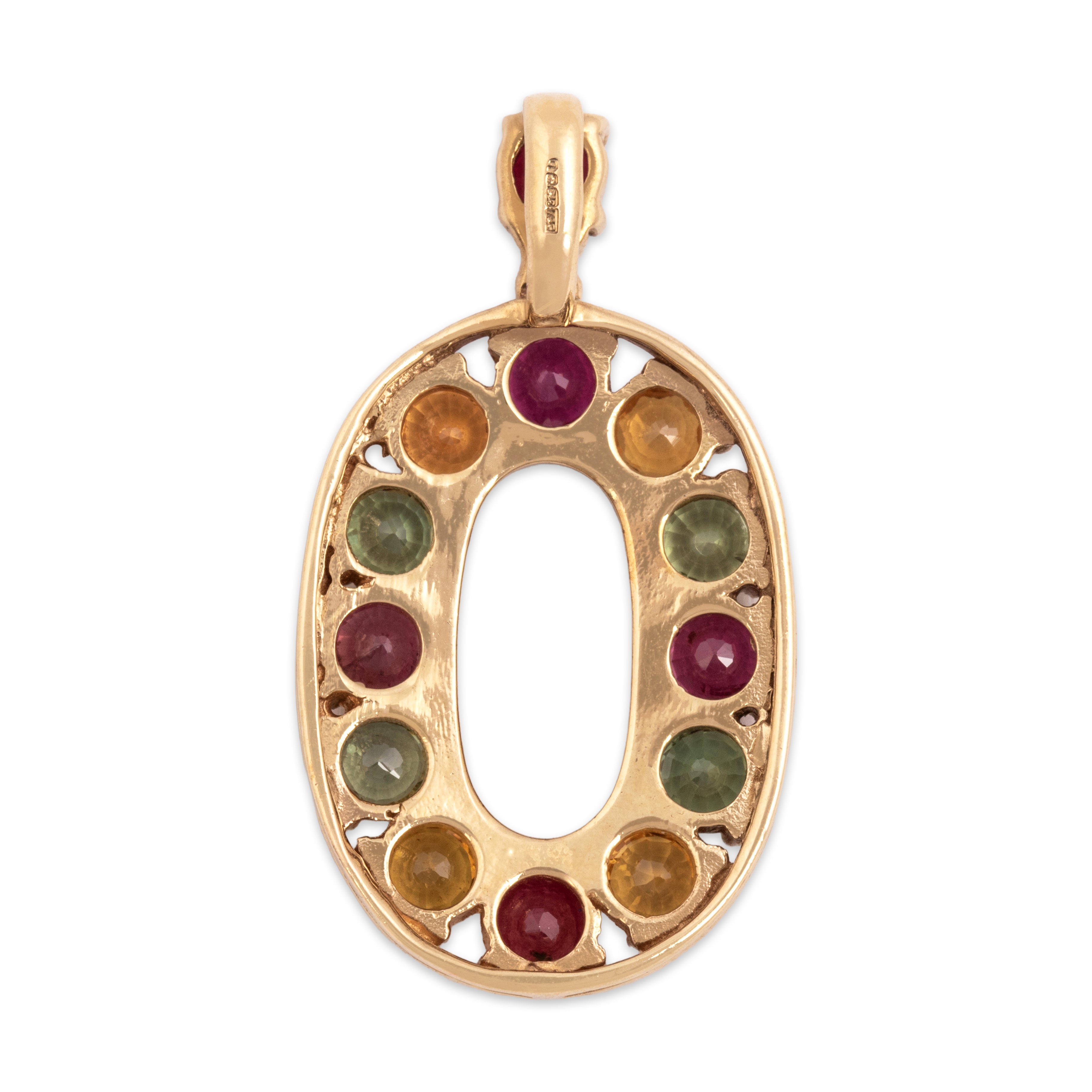 Vintage English 9k Yellow Gold 1.39cttw Sapphire .83cttw Ruby Diamond Oval Pendant - Back view