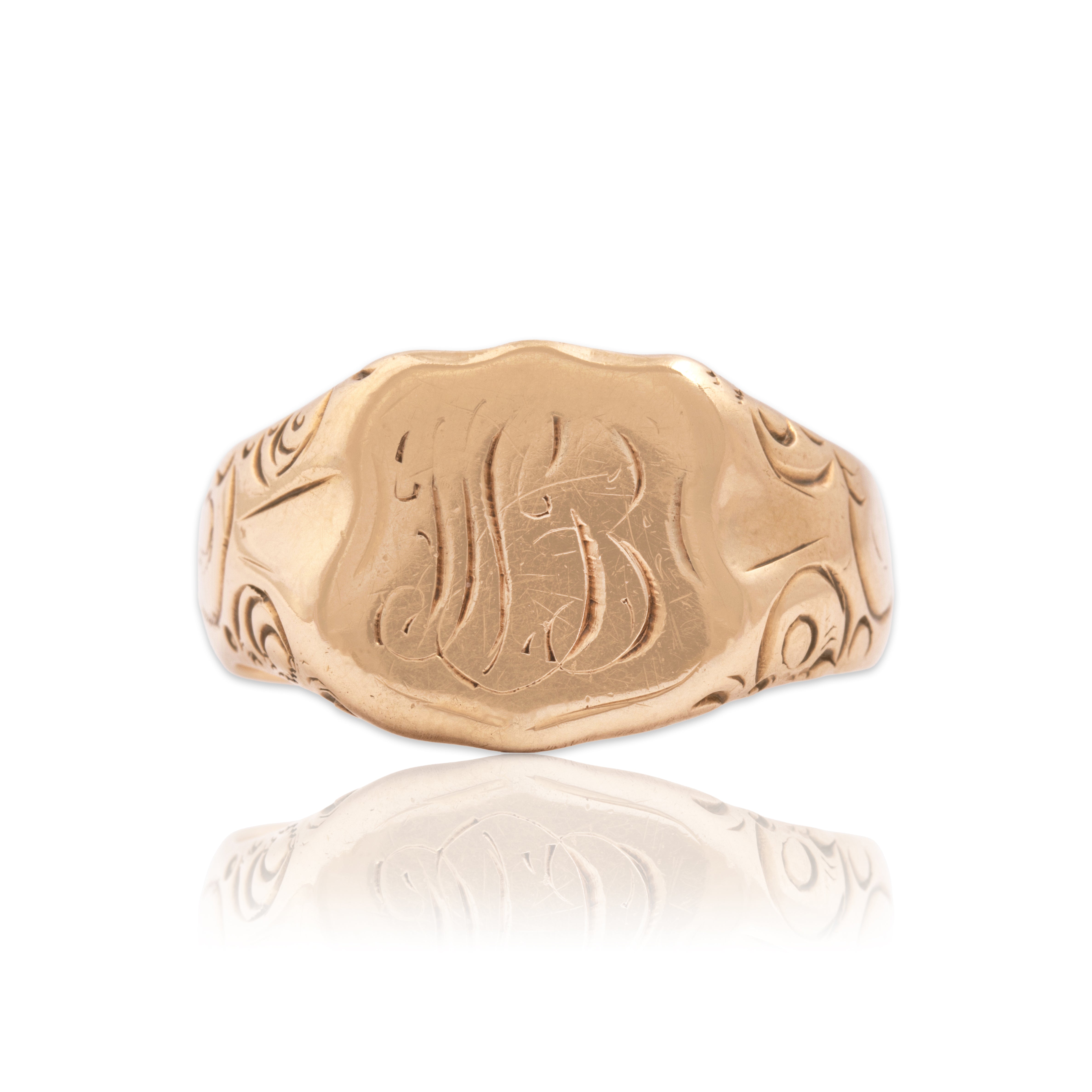 Antique Heavy 14k Rosy Yellow Gold Wonderful Swirling Shield Signet Ring - Close-up view