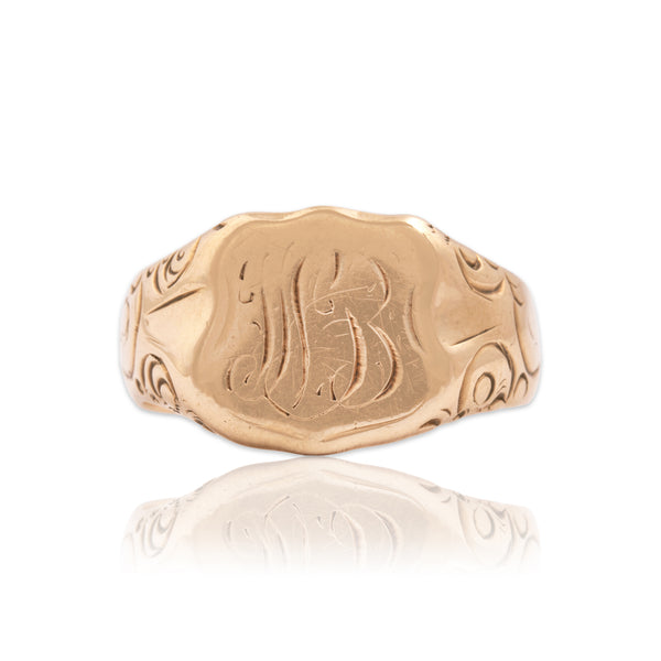 Antique Heavy 14k Rosy Yellow Gold Wonderful Swirling Shield Signet Ring 11.50