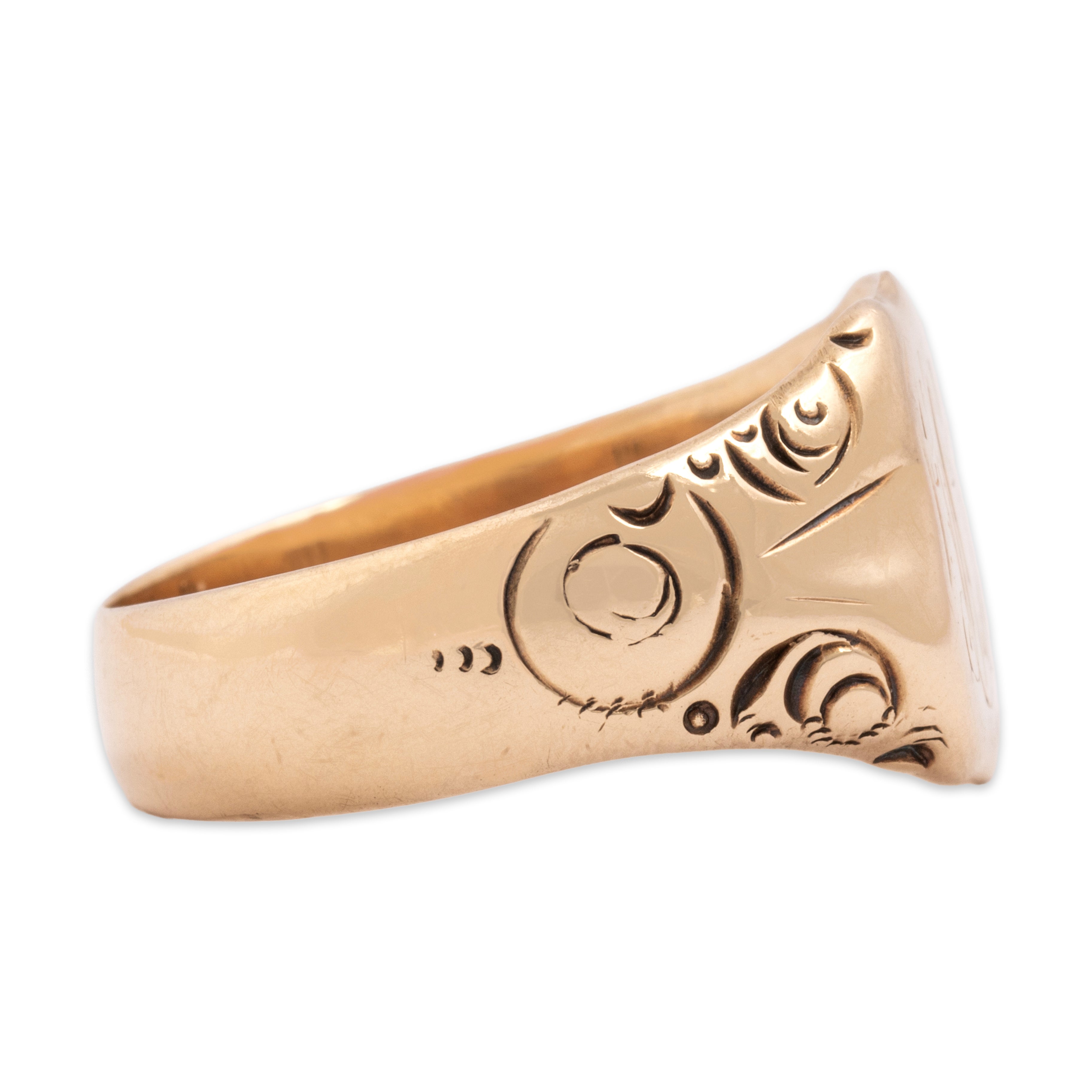 Antique Heavy 14k Rosy Yellow Gold Wonderful Swirling Shield Signet Ring - Side view