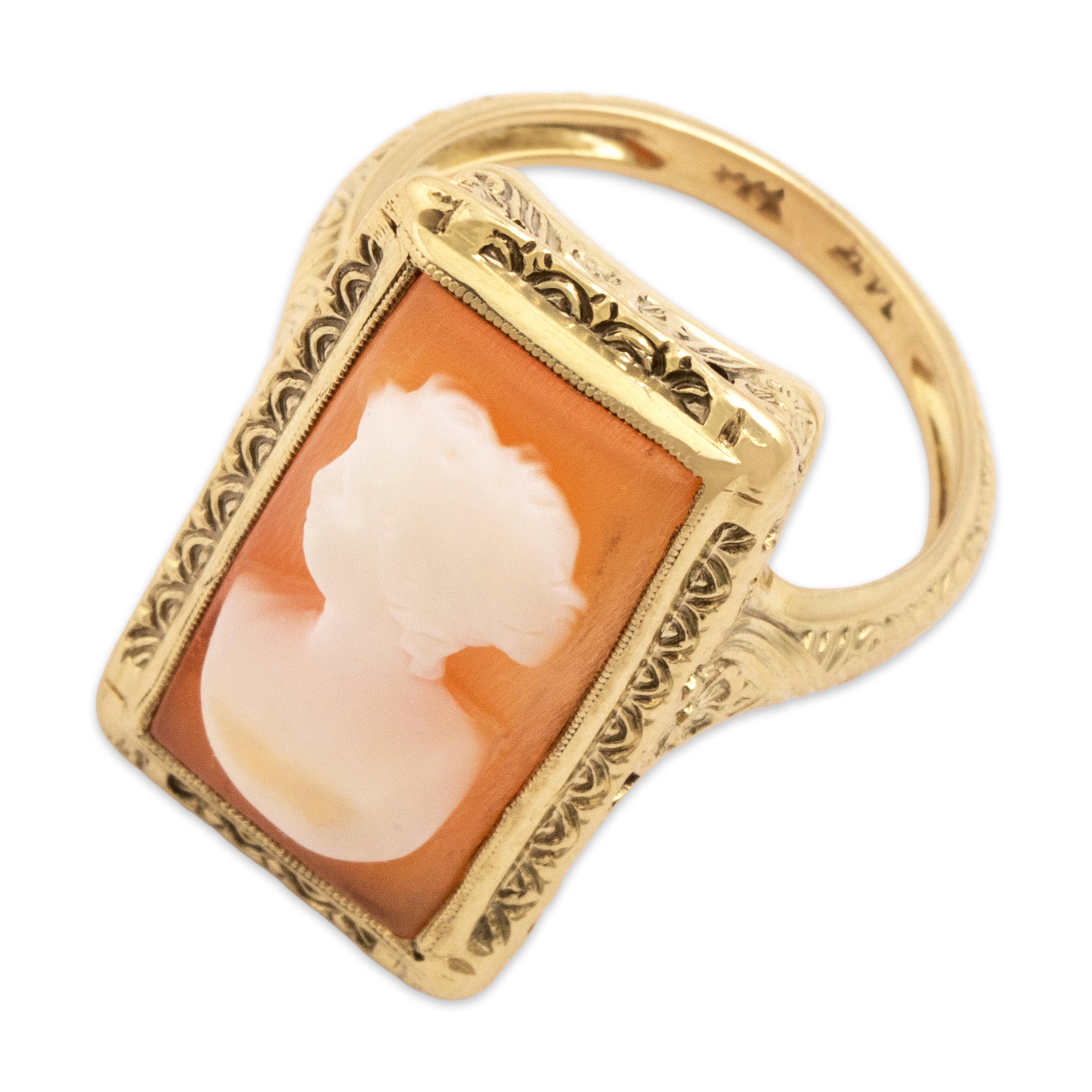 Vintage 14k Yellow Gold Shell Ornate Framed Cameo Ring 4.25