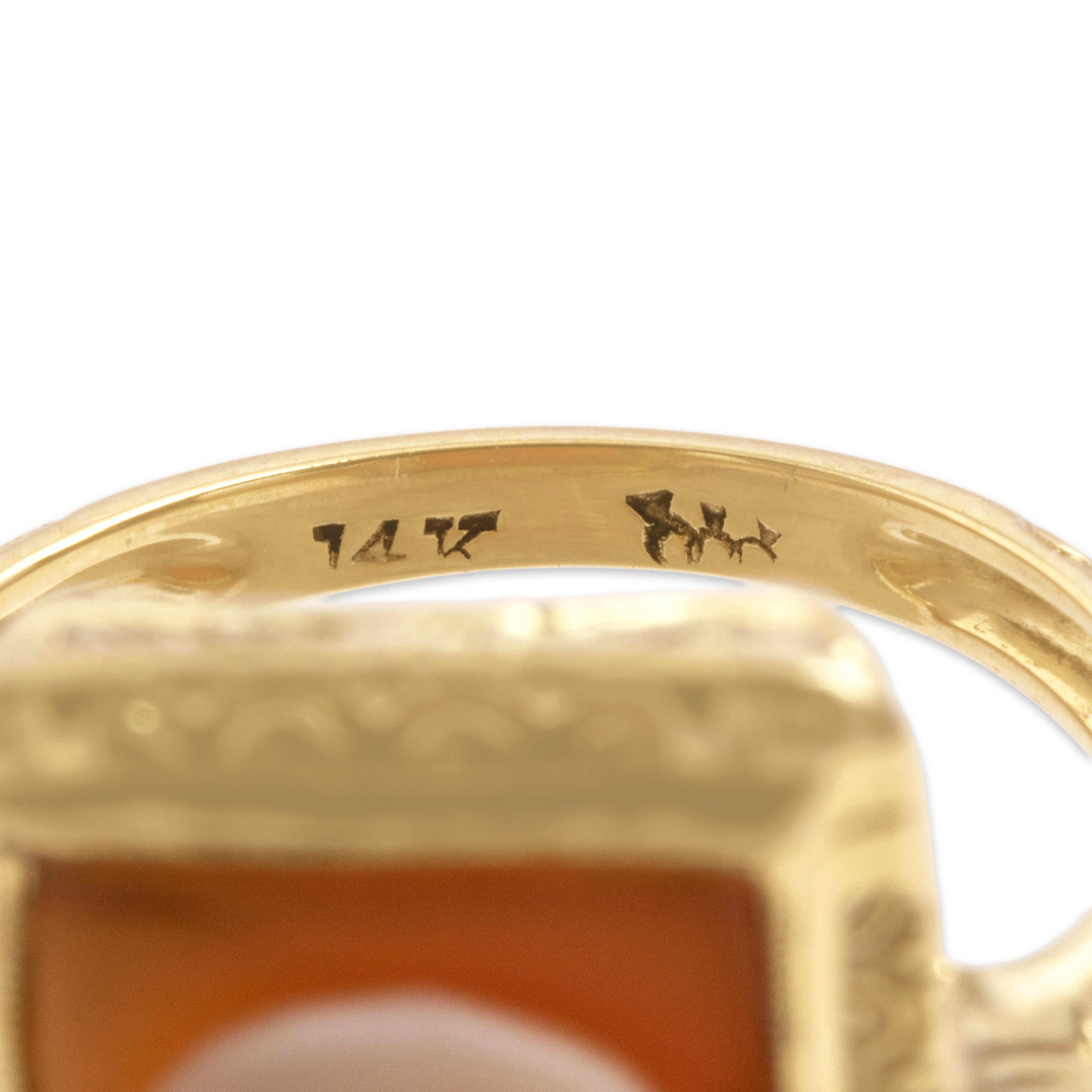 Vintage 14k Yellow Gold Shell Ornate Framed Cameo Ring - Hallmark view