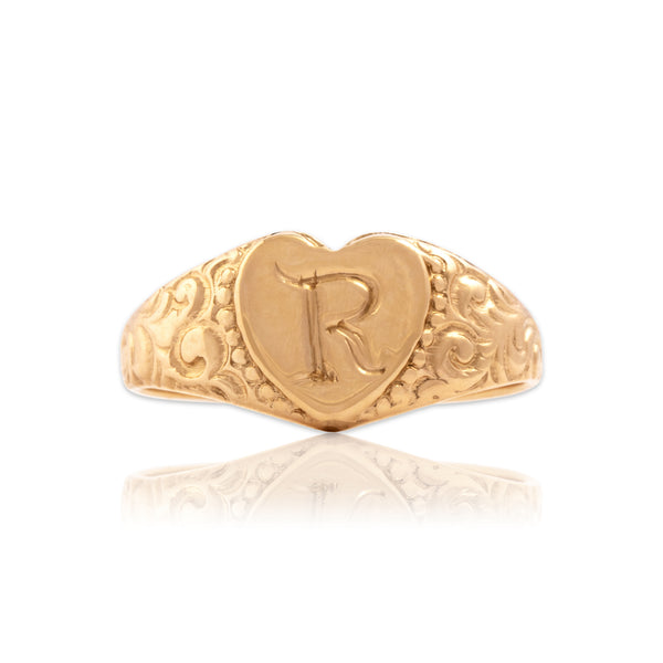 Antique 14k Rosy Yellow Gold Dainty Decorated Heart Initial 