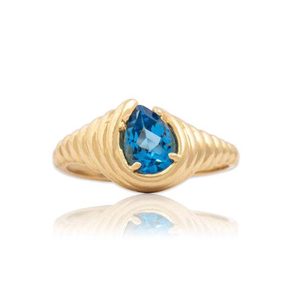 Vintage 14k Yellow Gold .82ct Blue Topaz Ribbed Diagonal Pear Ring 6.50
