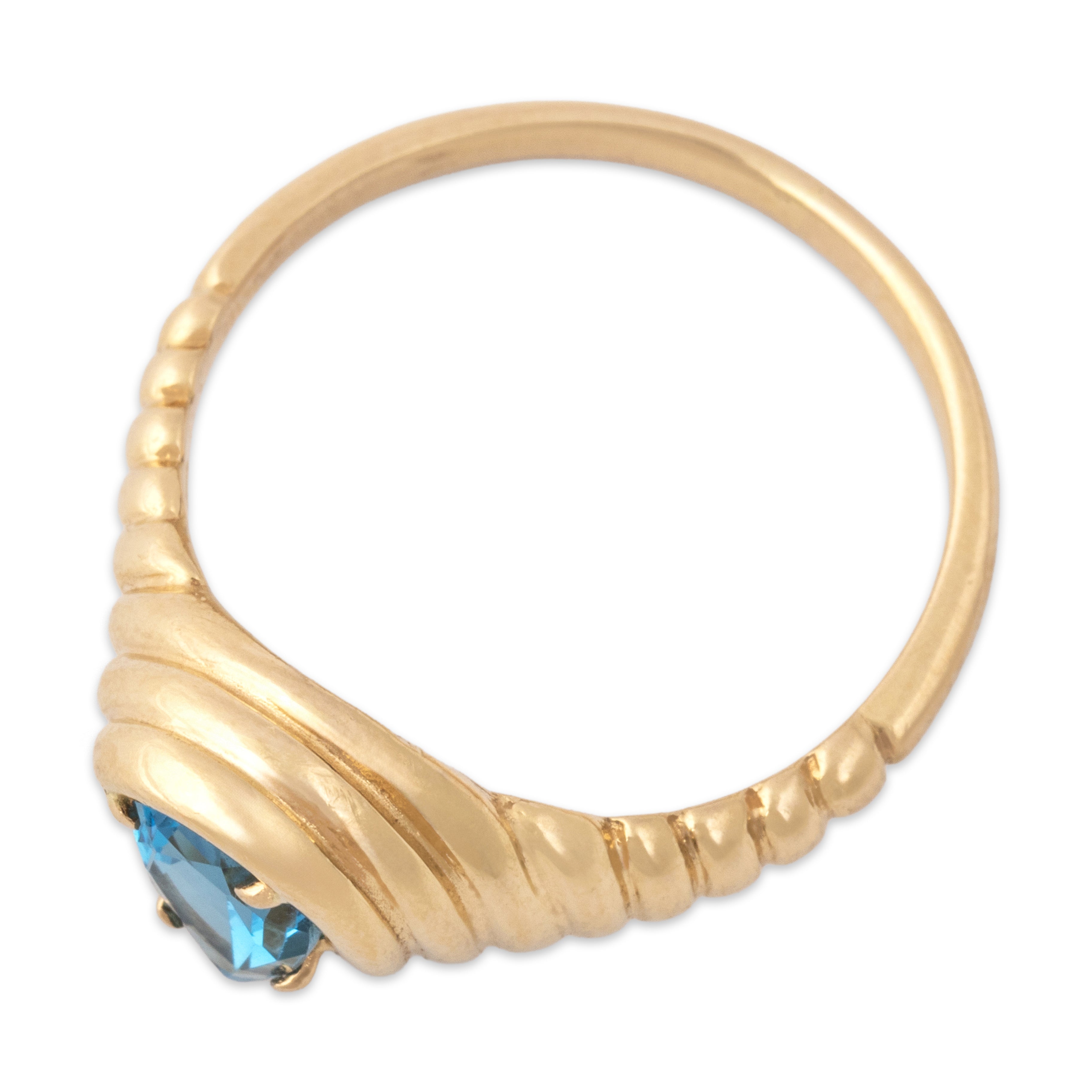 Vintage 14k Yellow Gold .82ct Blue Topaz Ribbed Diagonal Pear Ring - Overall view