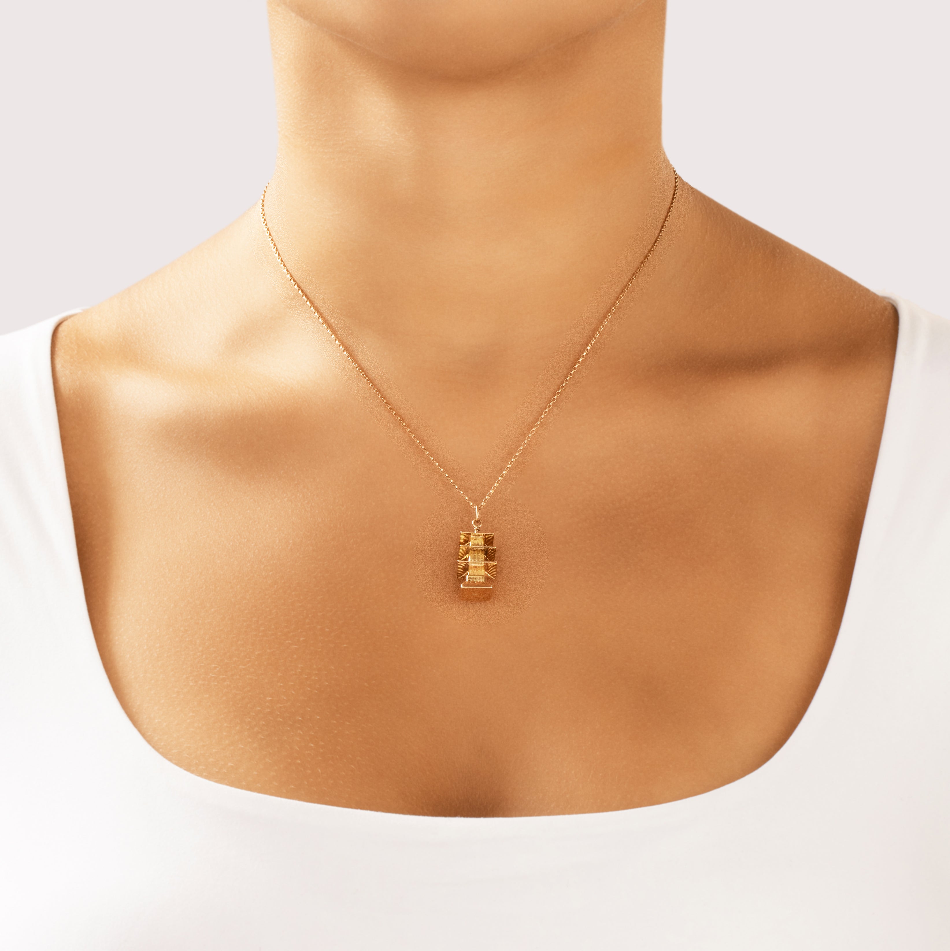 Vintage 14k Yellow Gold Fabulous Dimensional Detailed Pagoda Charm / Pendant - On model view