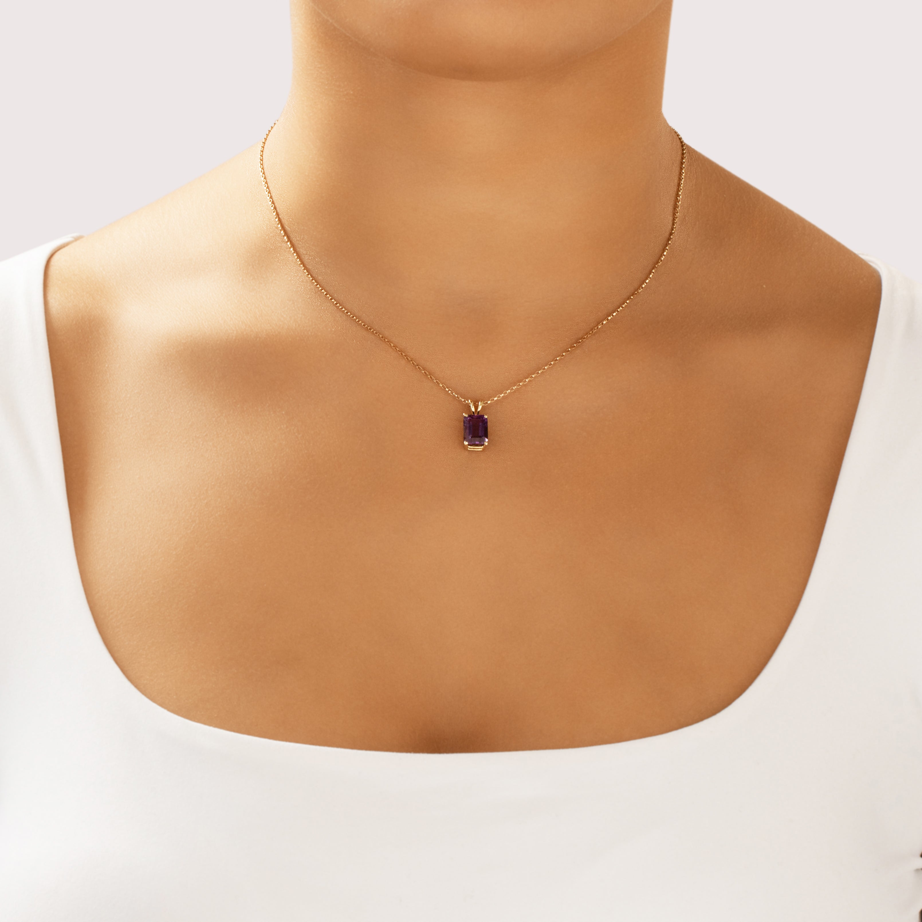 Vintage 14k Yellow Gold 2.21ct Amethyst Chic Emerald-Cut Solitaire Pendant - On model view