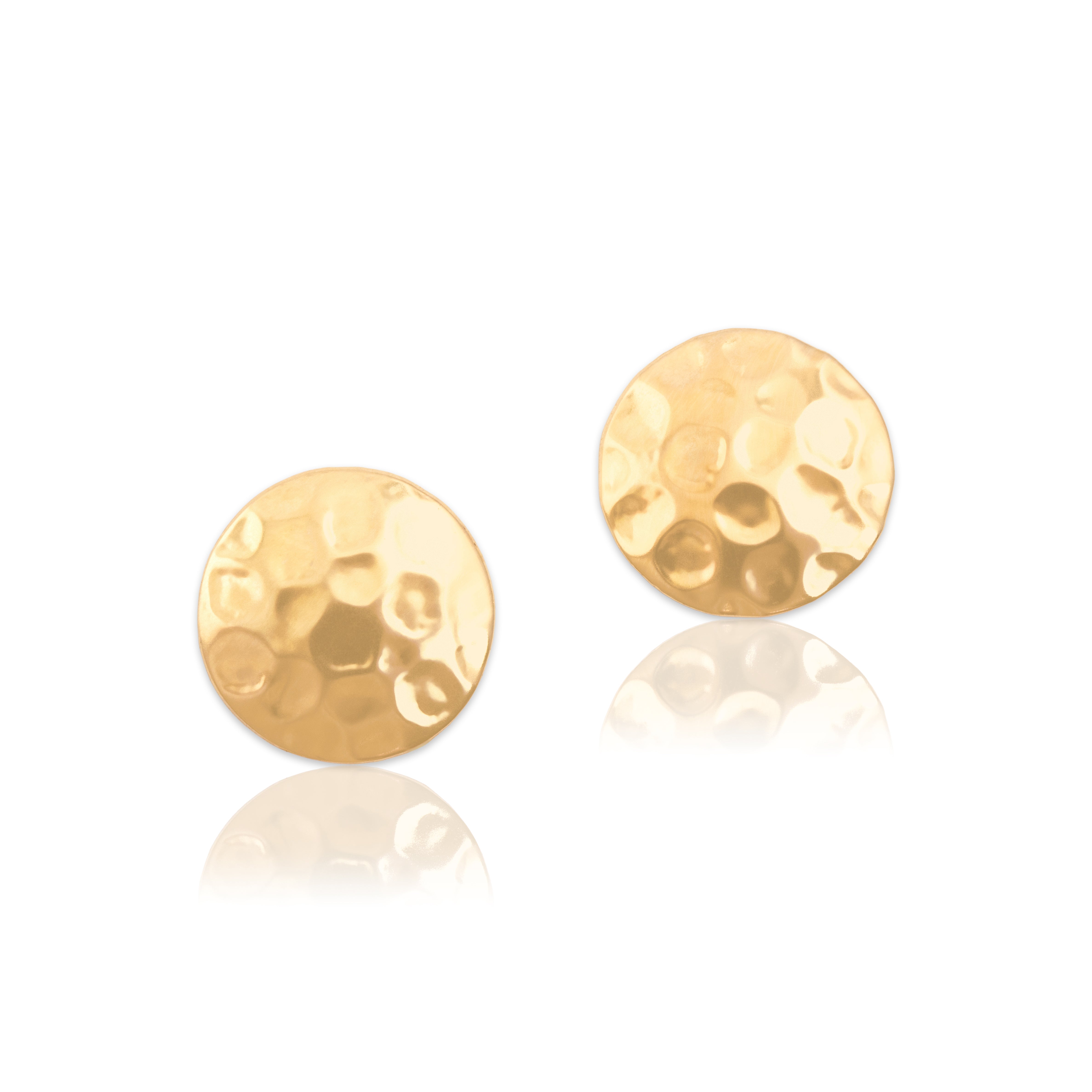 Vintage Lightweight 14k Yellow Gold Hammered Disc Earrings - Close-up view