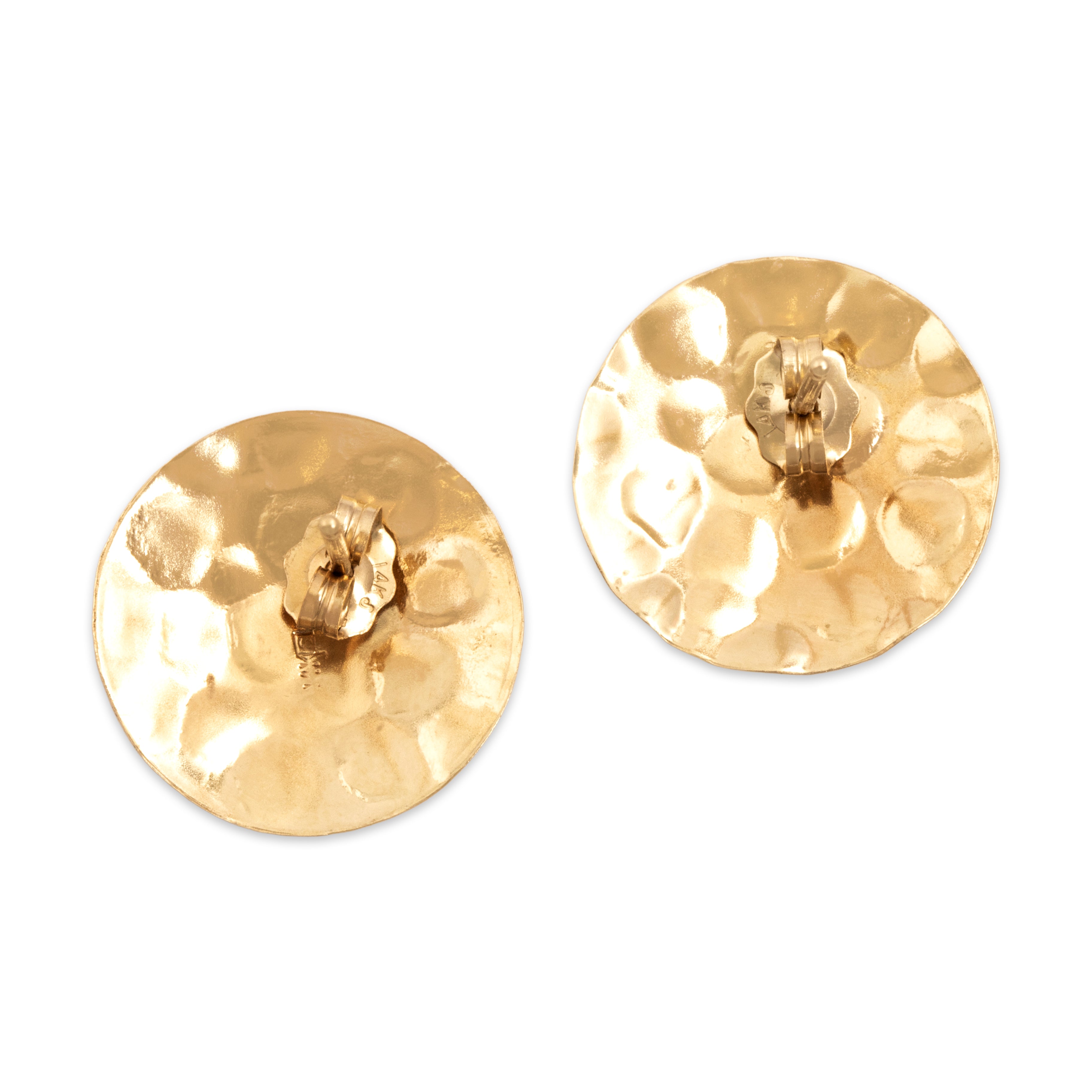 Vintage Lightweight 14k Yellow Gold Hammered Disc Earrings - Back view