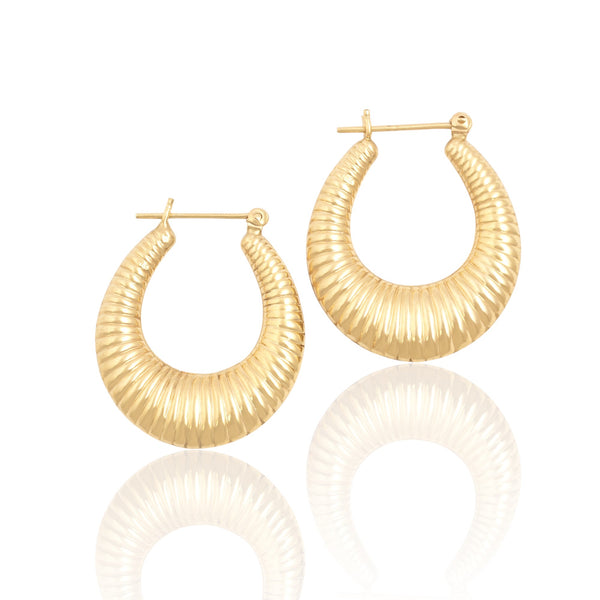 Vintage 14k Yellow Gold Chic Ribbed Oval Hoop Earrings