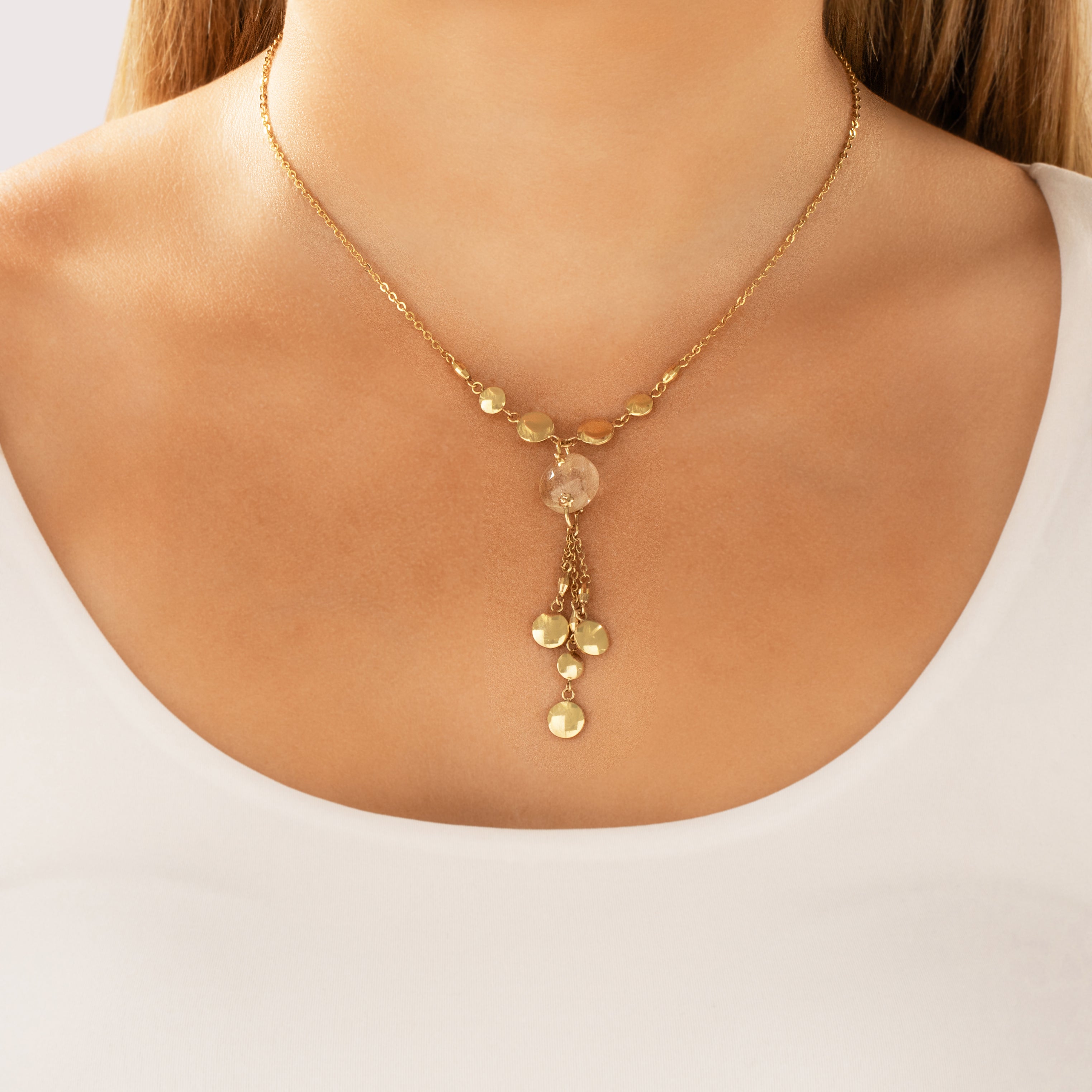 Vintage Italian 14k Yellow Gold 8.23ct Rutilated Quartz Fringe Dangle Necklace - On model view