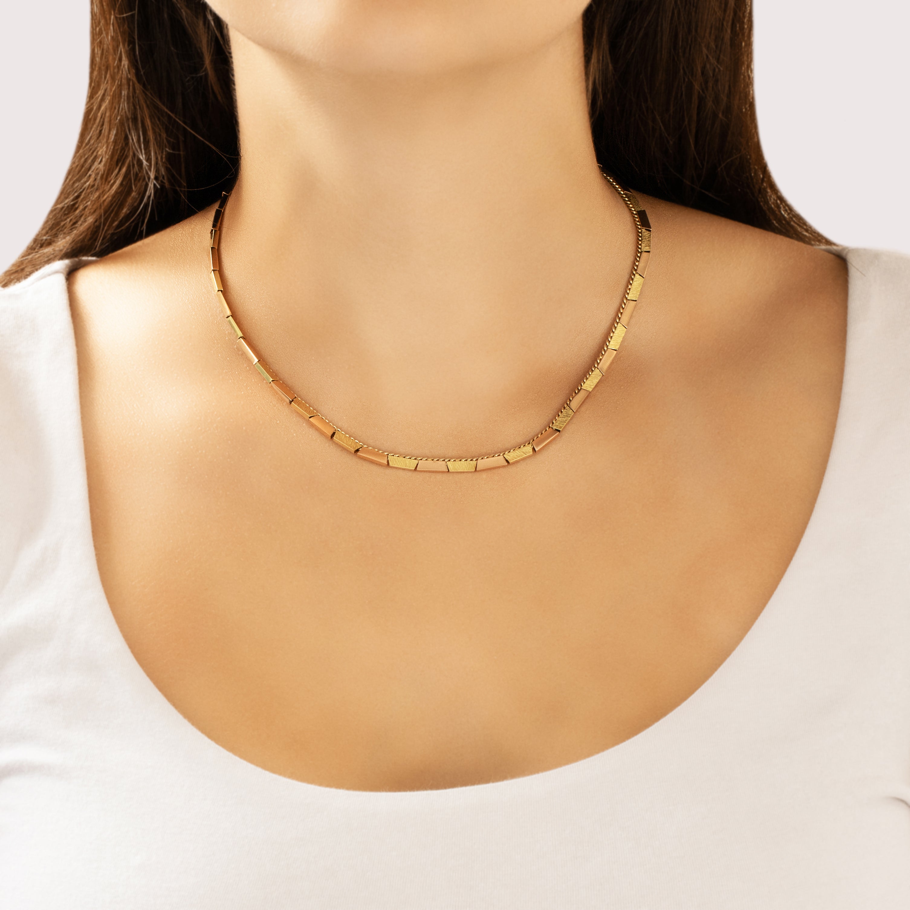 Vintage 14k Yellow & Rose Gold Fabulous Mid-Century Geometric Alternating Textured Link Necklace - On model view