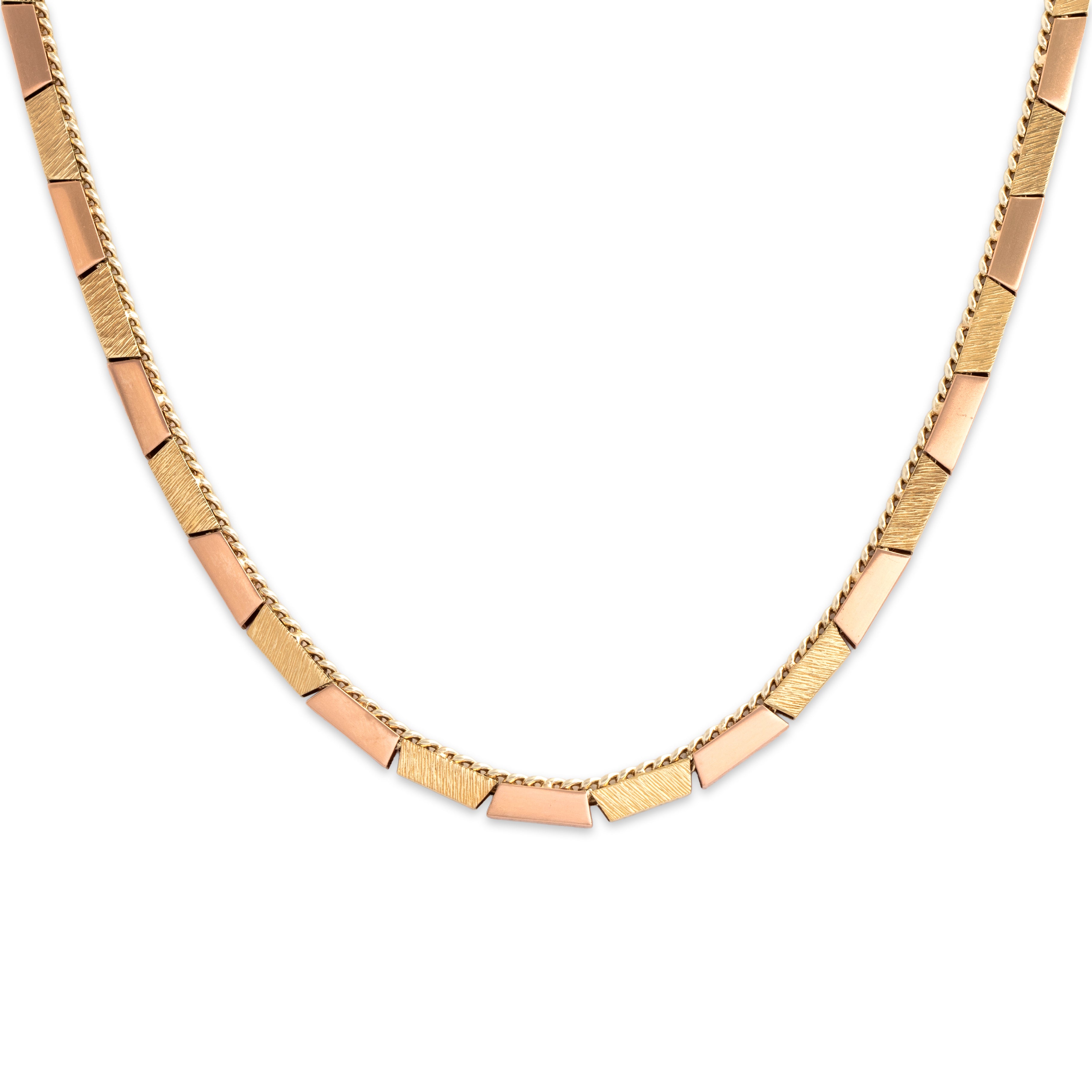 Vintage 14k Yellow & Rose Gold Fabulous Mid-Century Geometric Alternating Textured Link Necklace - Close-up view