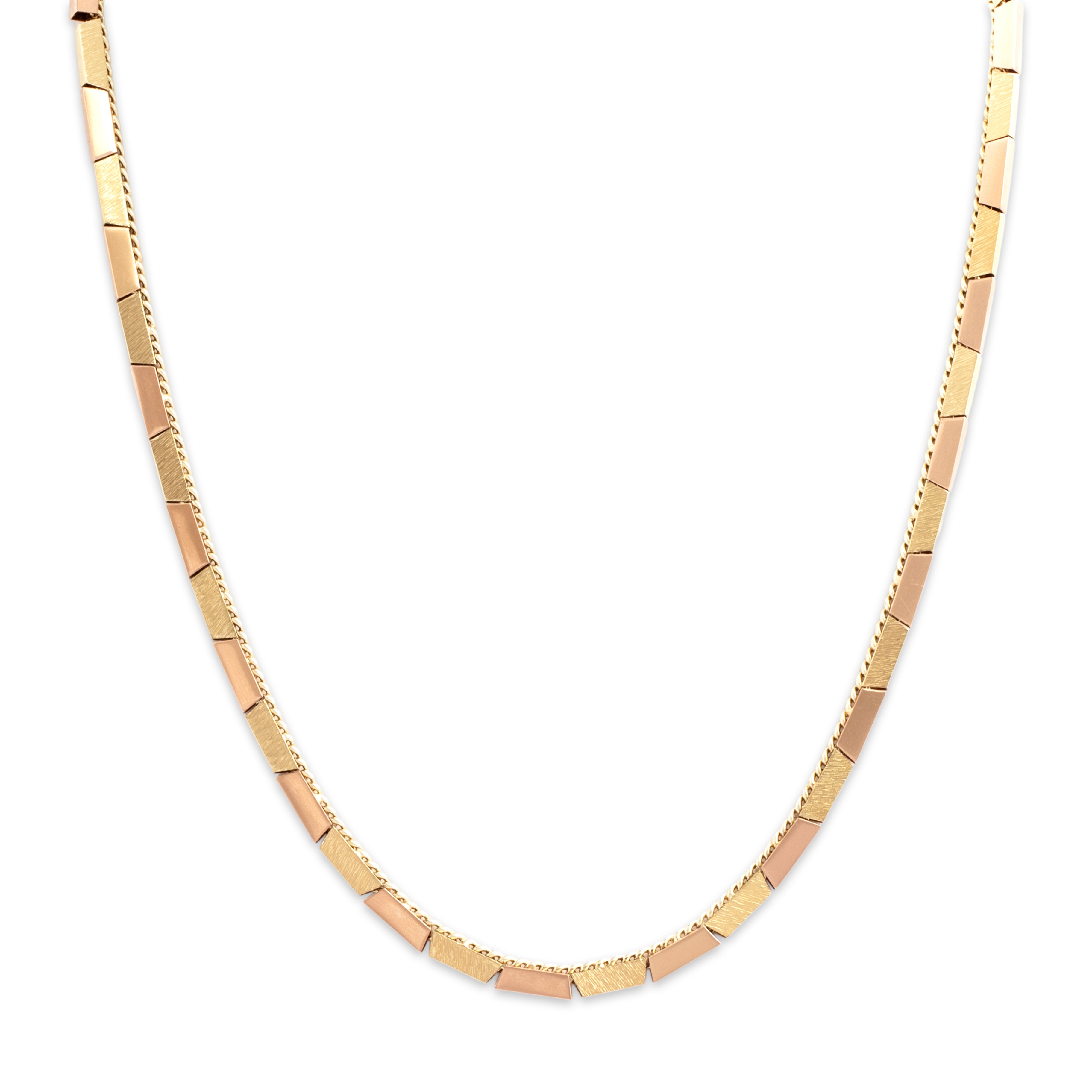 Vintage 14k Yellow & Rose Gold Fabulous Mid-Century Geometric Alternating Textured Link Necklace - detail view #1
