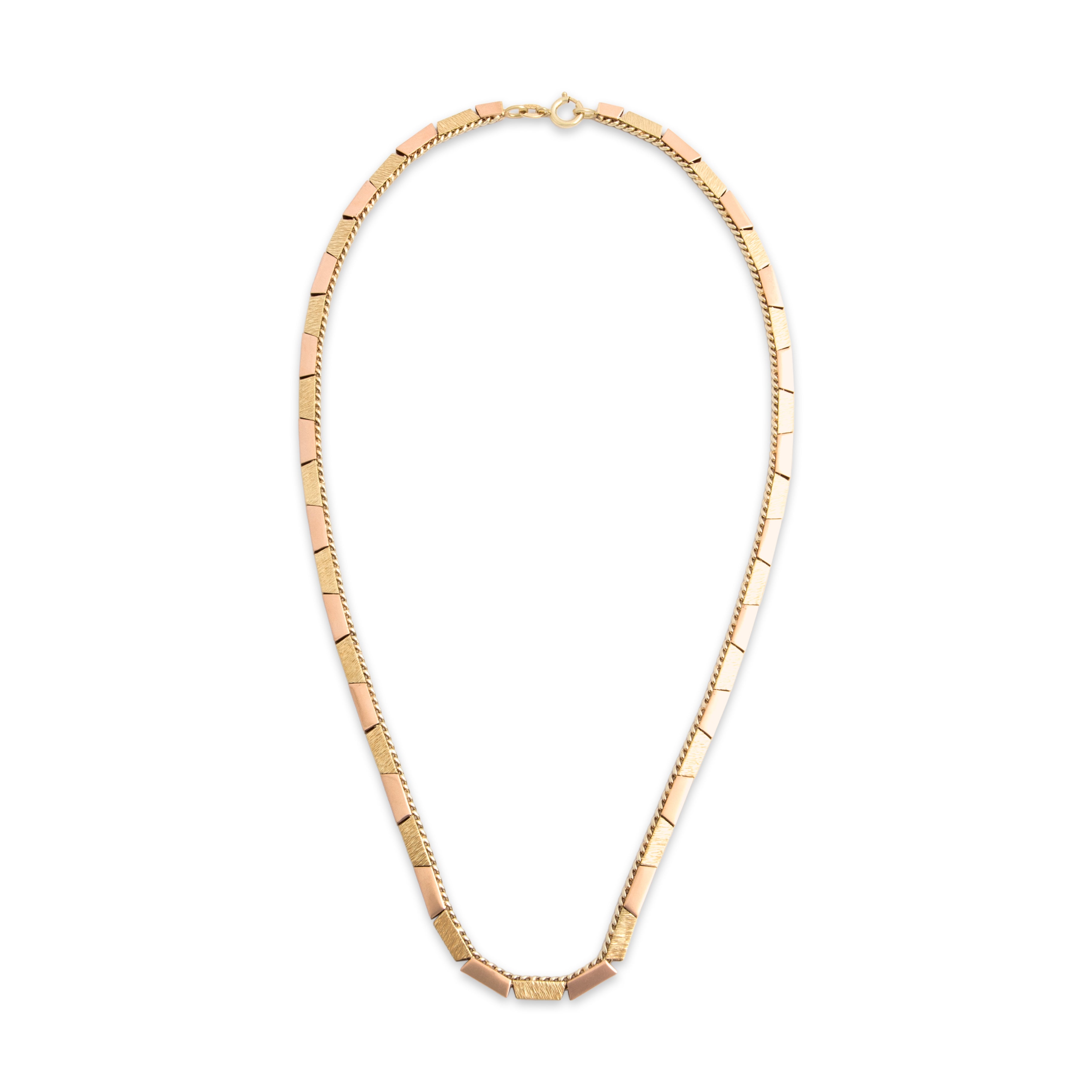 Vintage 14k Yellow & Rose Gold Fabulous Mid-Century Geometric Alternating Textured Link Necklace - Overall view
