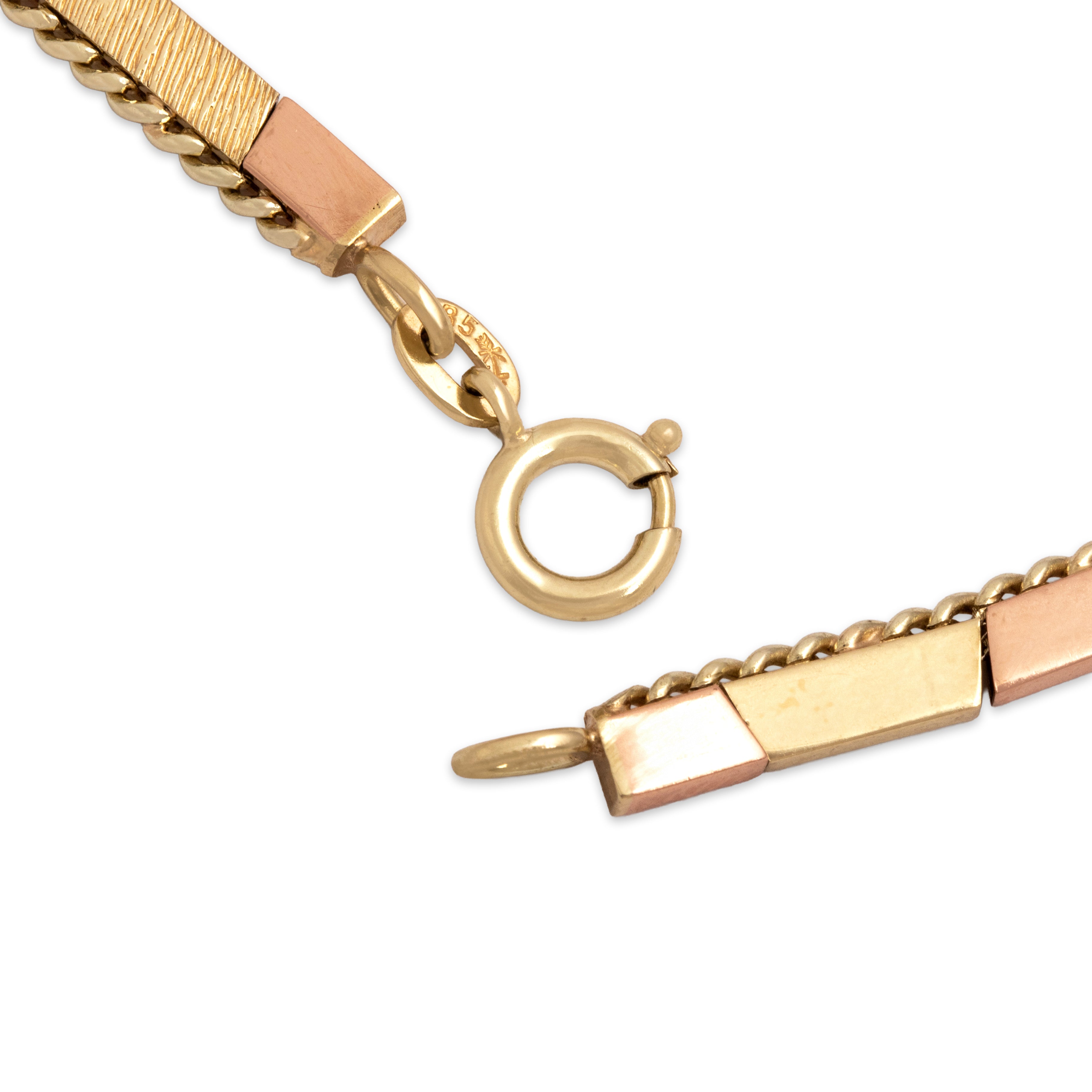 Vintage 14k Yellow & Rose Gold Fabulous Mid-Century Geometric Alternating Textured Link Necklace - clasp view