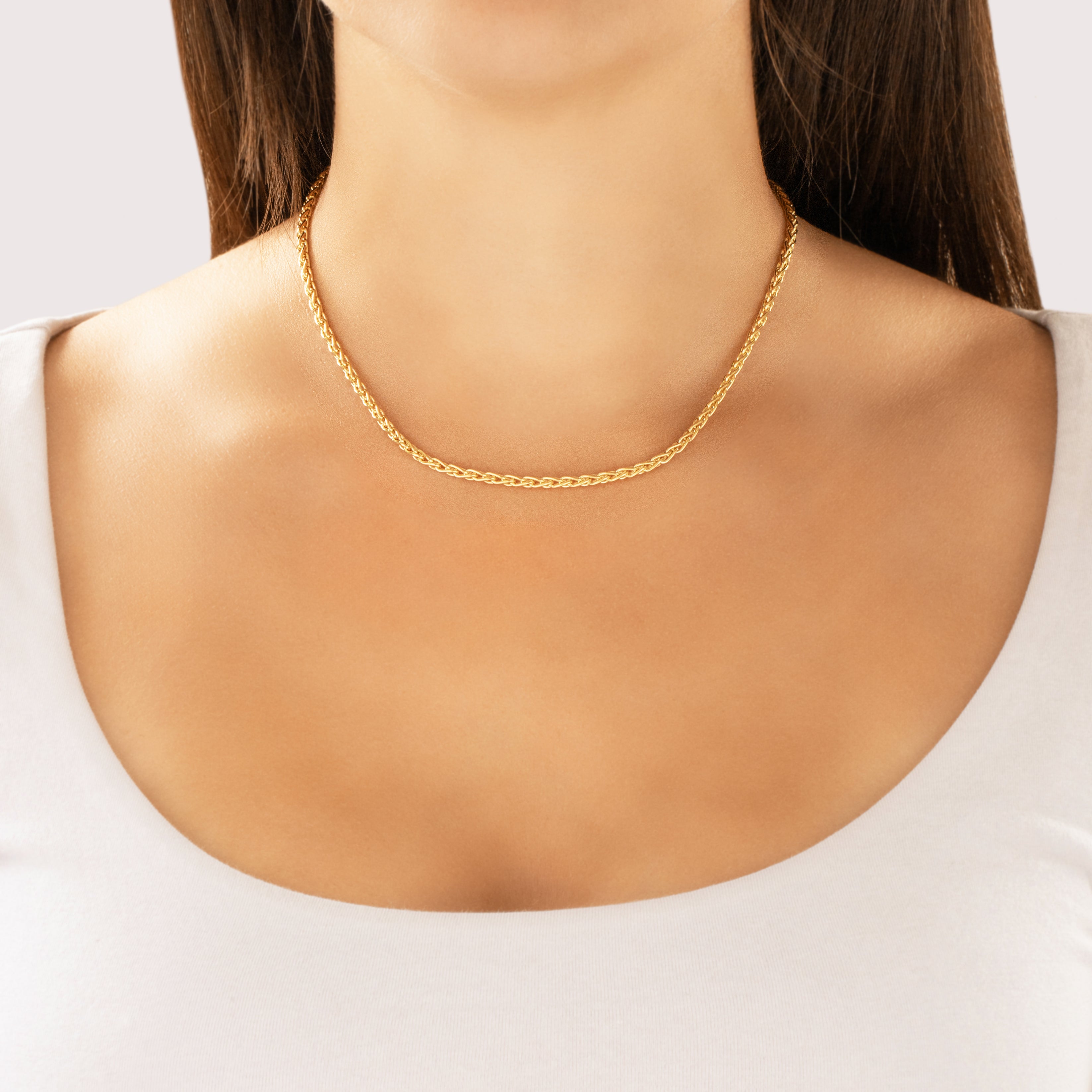 Vintage 14k Yellow Gold Chic Dimensional 2.9mm Wheat Chain - On model view