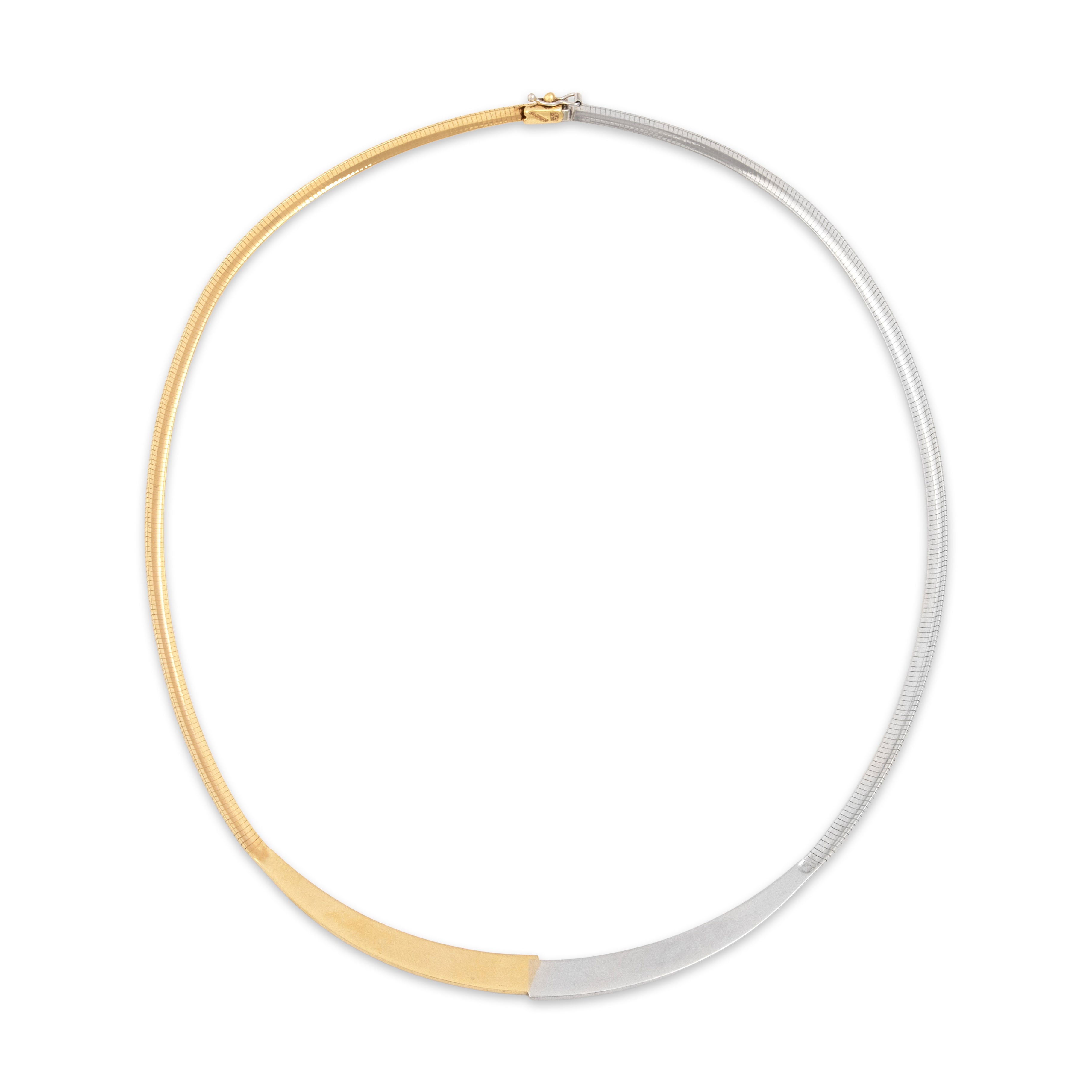 Vintage Italian 14k White & Yellow Gold Sleek Split Collar Necklace - Back view