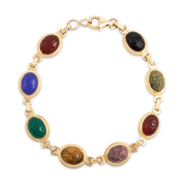 Vintage 14k Yellow Gold Multistone Carved Scarab Cabochon Link Bracelet 7