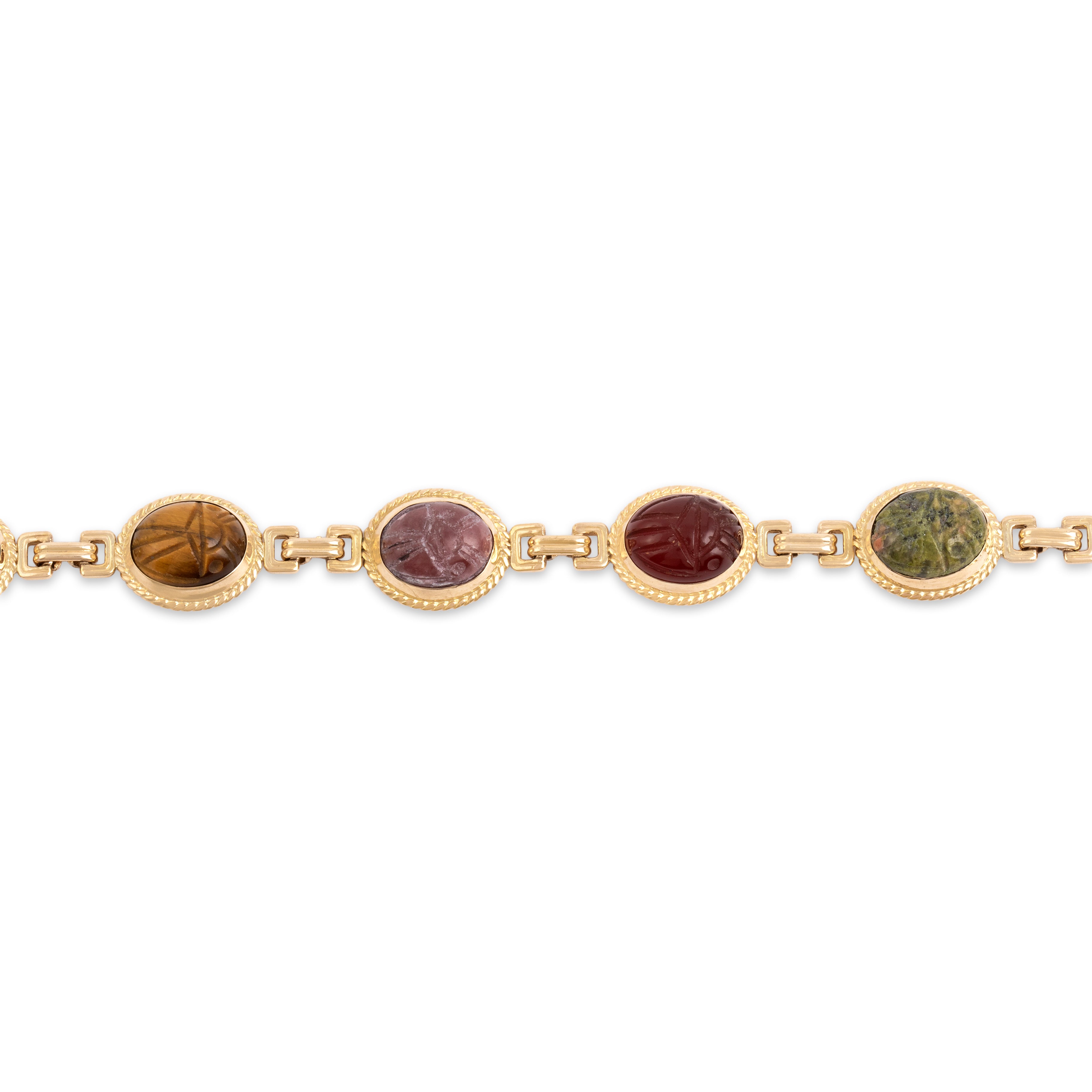 Vintage 14k Yellow Gold 4.69cttw Carnelian 4.58cttw Green Blue Chalcedony 2.99ct Rhodonite 2.59ct Unakite 2.42ct Tiger's Eye 2.18ct Onyx Carved Scarab Cabochon Link Bracelet - detail view #1