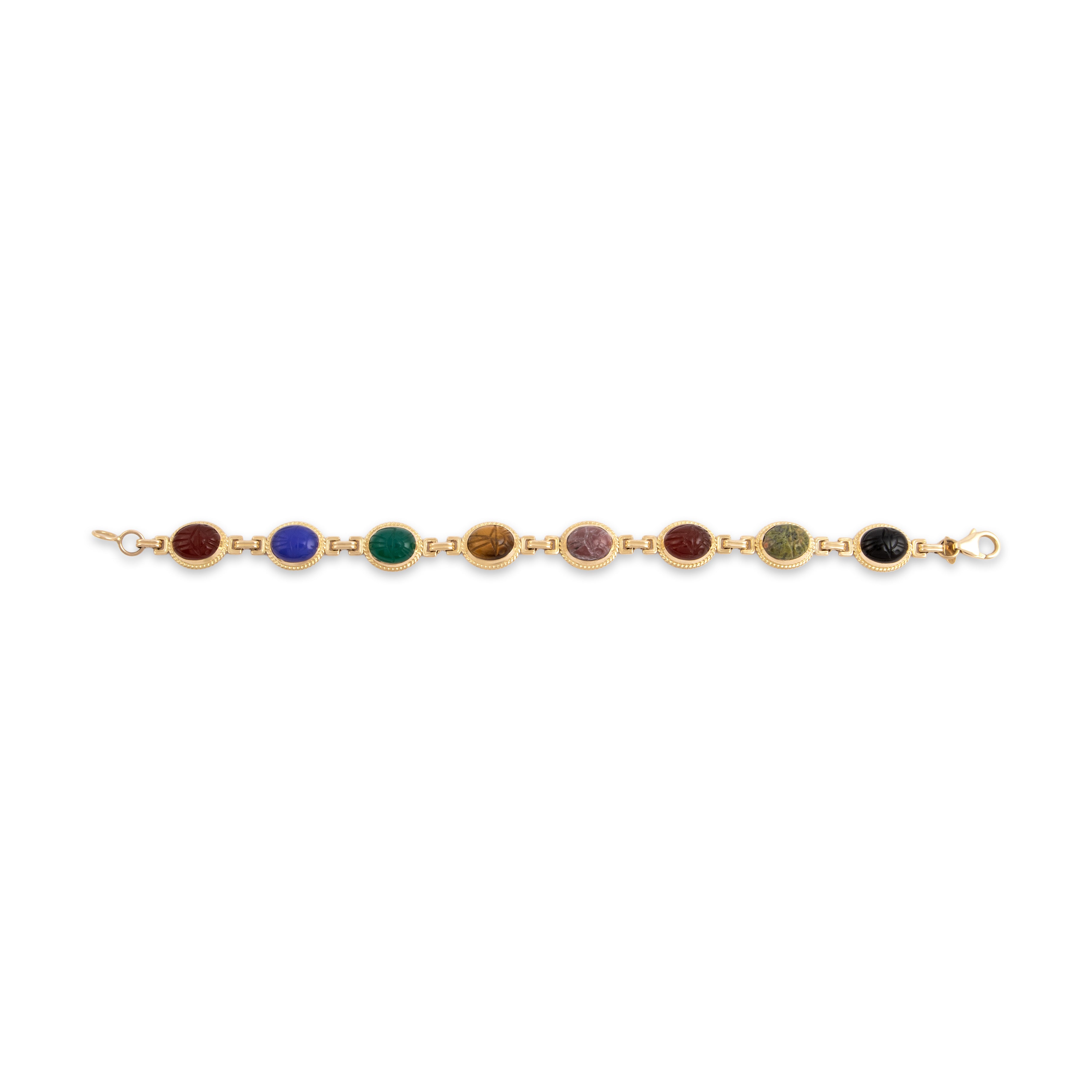 Vintage 14k Yellow Gold 4.69cttw Carnelian 4.58cttw Green Blue Chalcedony 2.99ct Rhodonite 2.59ct Unakite 2.42ct Tiger's Eye 2.18ct Onyx Carved Scarab Cabochon Link Bracelet - Overall view