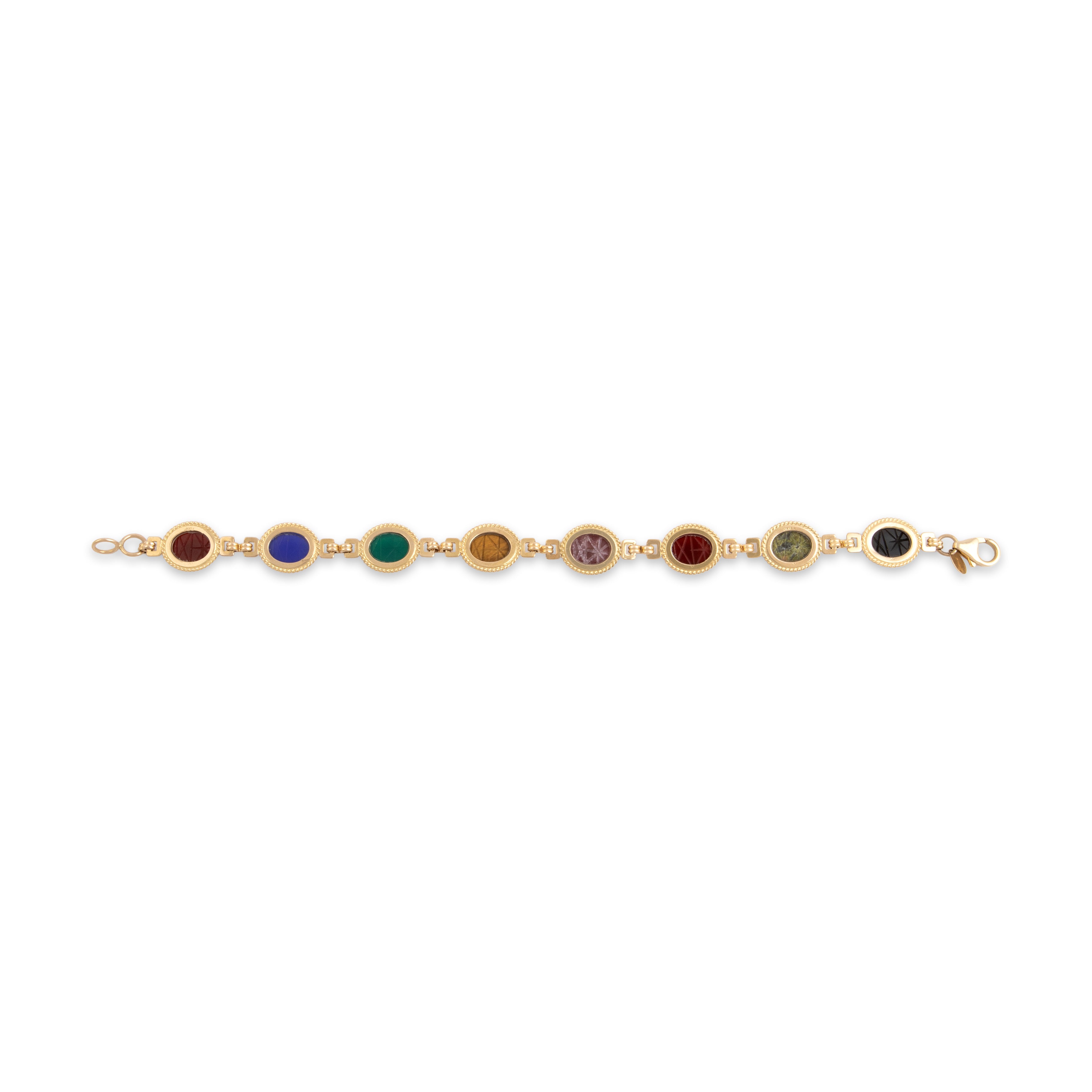 Vintage 14k Yellow Gold 4.69cttw Carnelian 4.58cttw Green Blue Chalcedony 2.99ct Rhodonite 2.59ct Unakite 2.42ct Tiger's Eye 2.18ct Onyx Carved Scarab Cabochon Link Bracelet - Back view