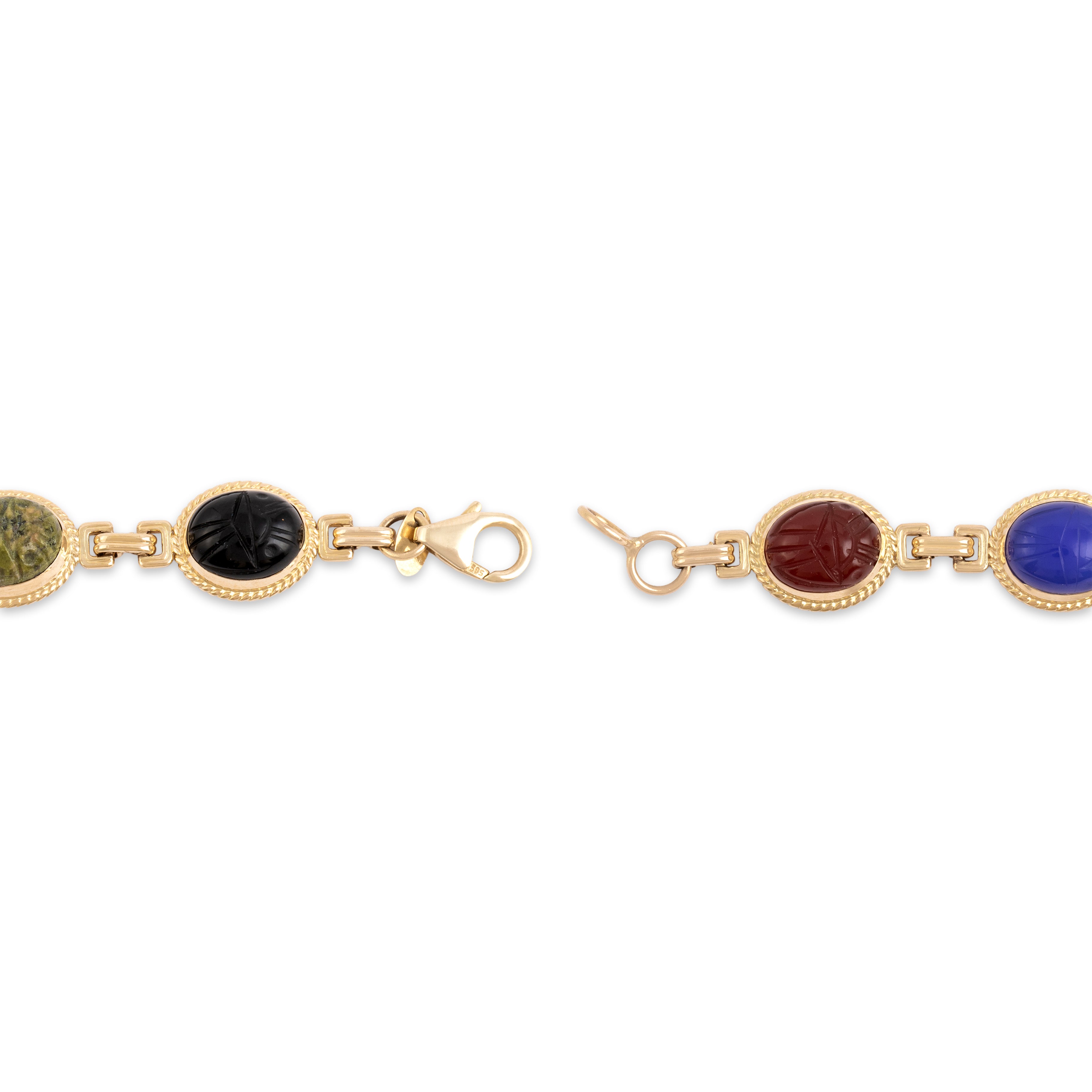 Vintage 14k Yellow Gold 4.69cttw Carnelian 4.58cttw Green Blue Chalcedony 2.99ct Rhodonite 2.59ct Unakite 2.42ct Tiger's Eye 2.18ct Onyx Carved Scarab Cabochon Link Bracelet - clasp view