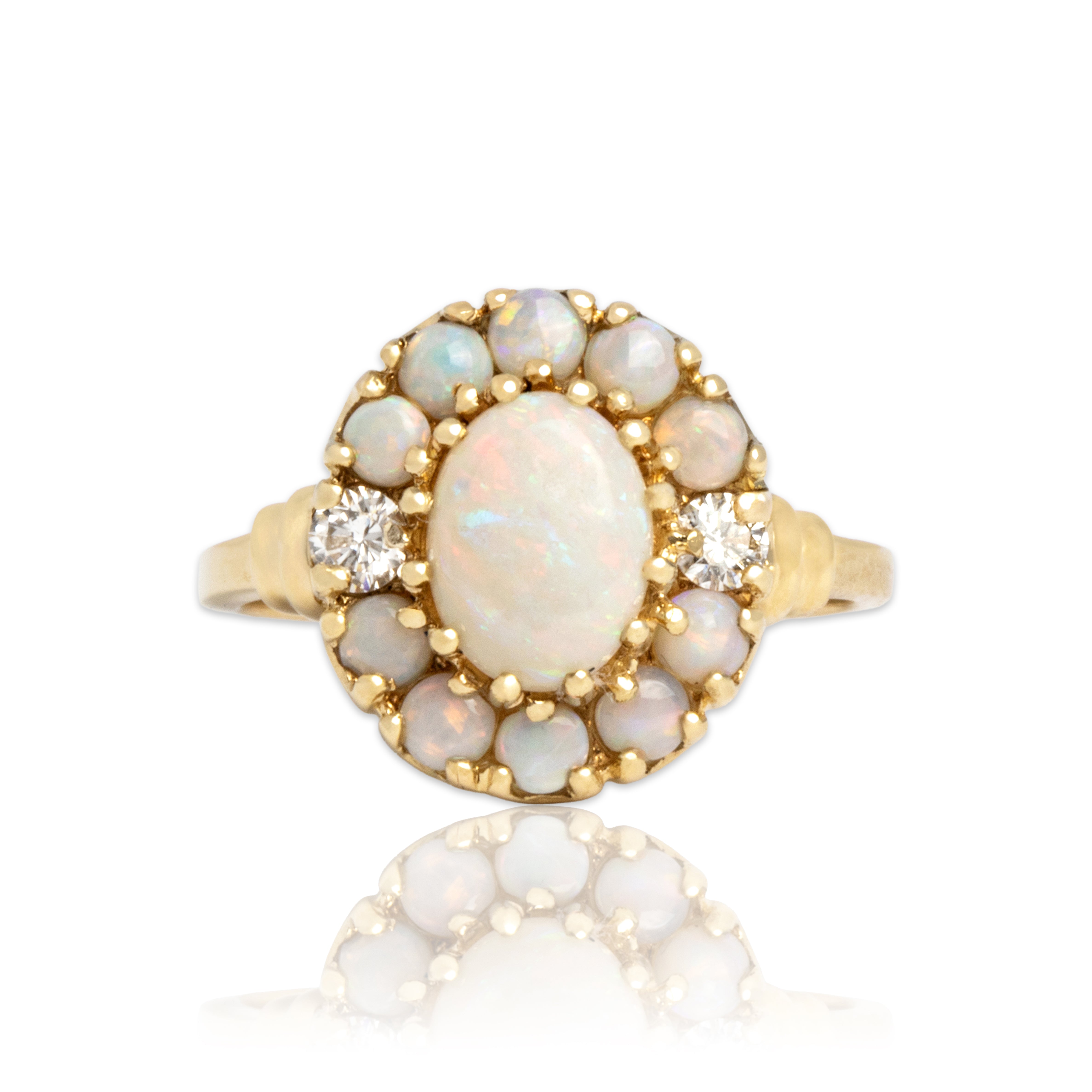 Vintage 10k Yellow Gold 1.01cttw Opal Diamond Elegant Iridescent Halo Ring 6.50