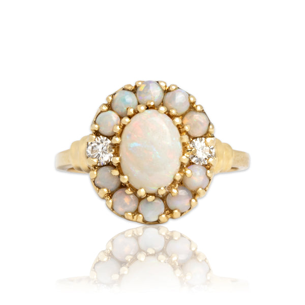 Vintage 10k Yellow Gold 1.01cttw Opal Diamond Elegant Iridescent Halo Ring 6.50