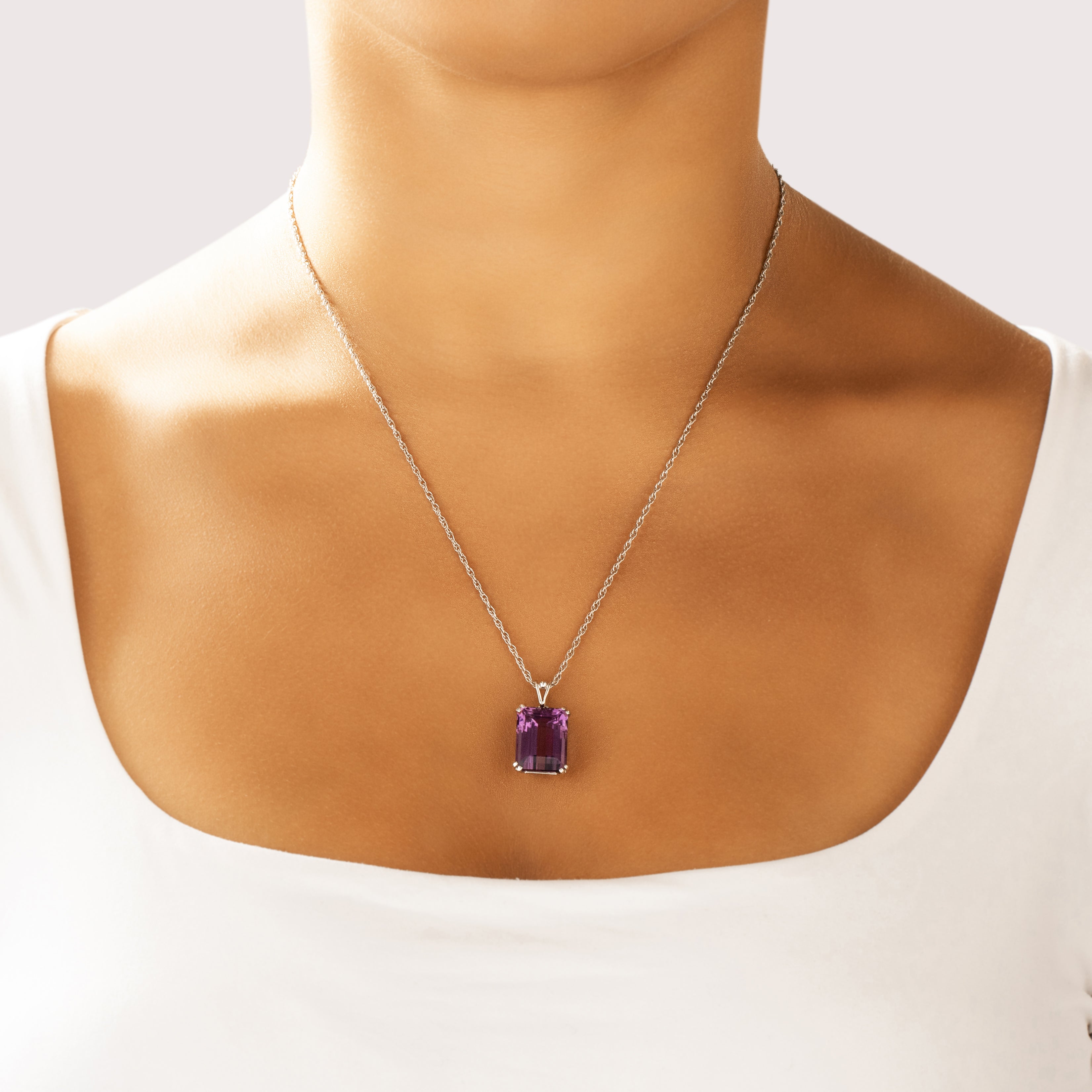 Vintage 14k White Gold 12.05ct Amethyst Bold Solitaire Pendant - On model view
