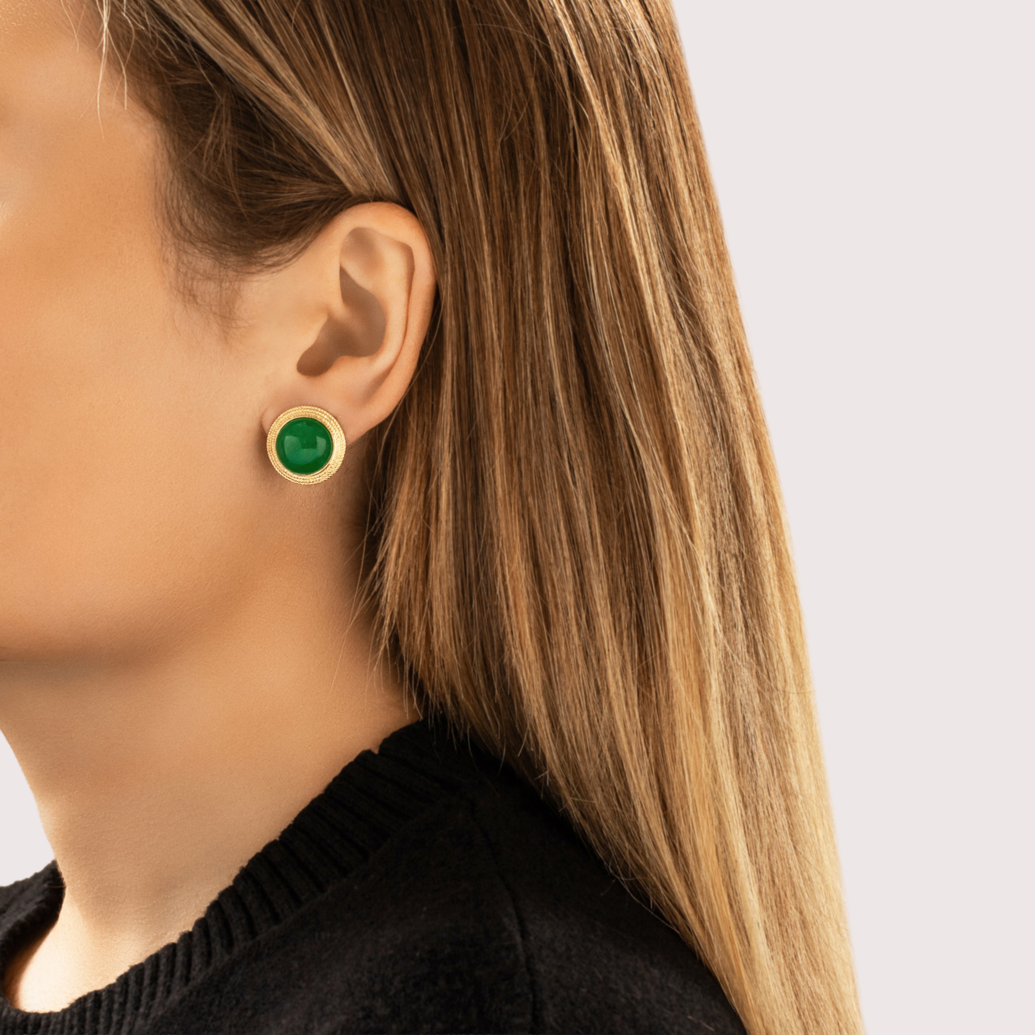 Vintage 14k Yellow Gold 13.69cttw Jade Fantastic Bright Cable-Framed Omega Back Earrings - On model view
