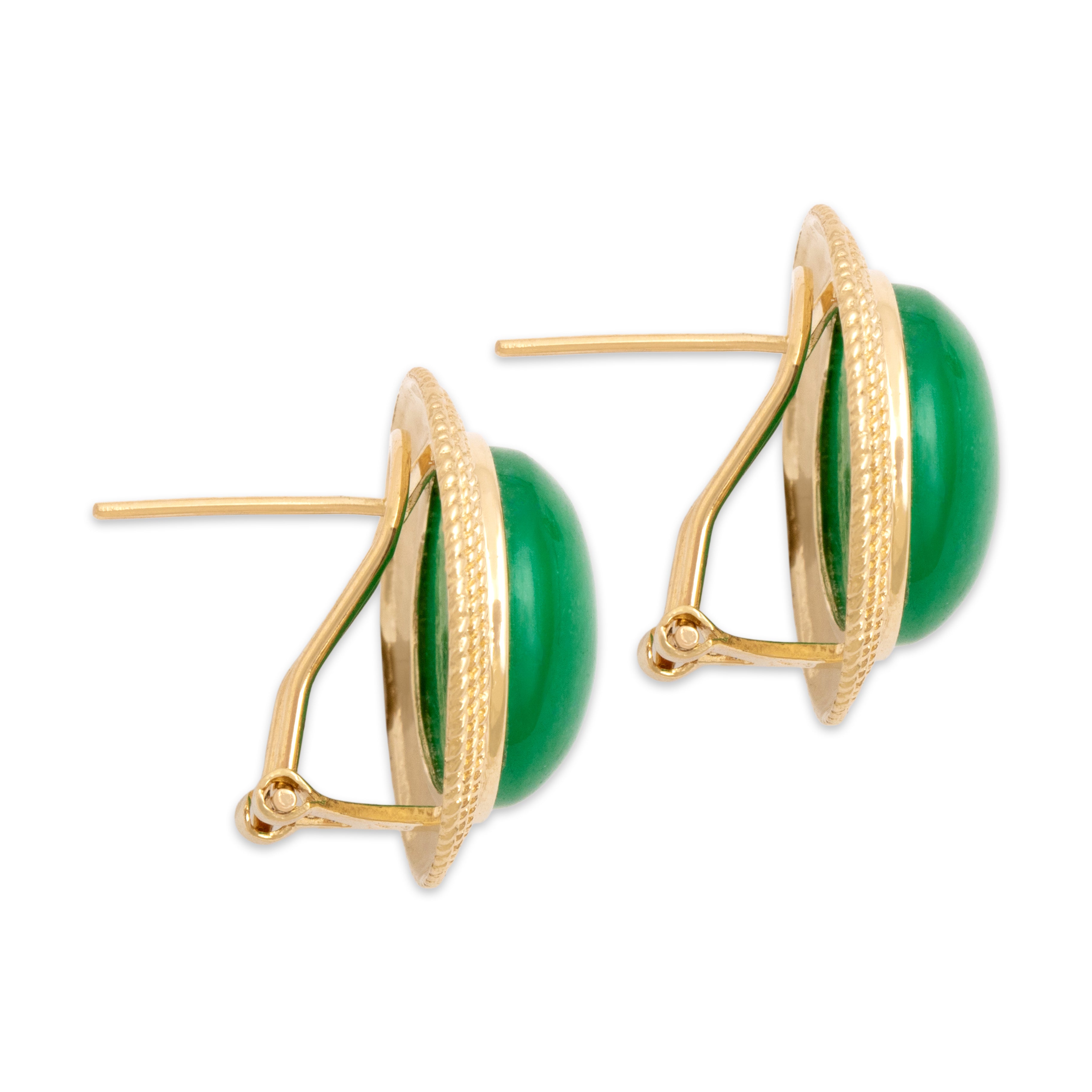 Vintage 14k Yellow Gold 13.69cttw Jade Fantastic Bright Cable-Framed Omega Back Earrings - Side view