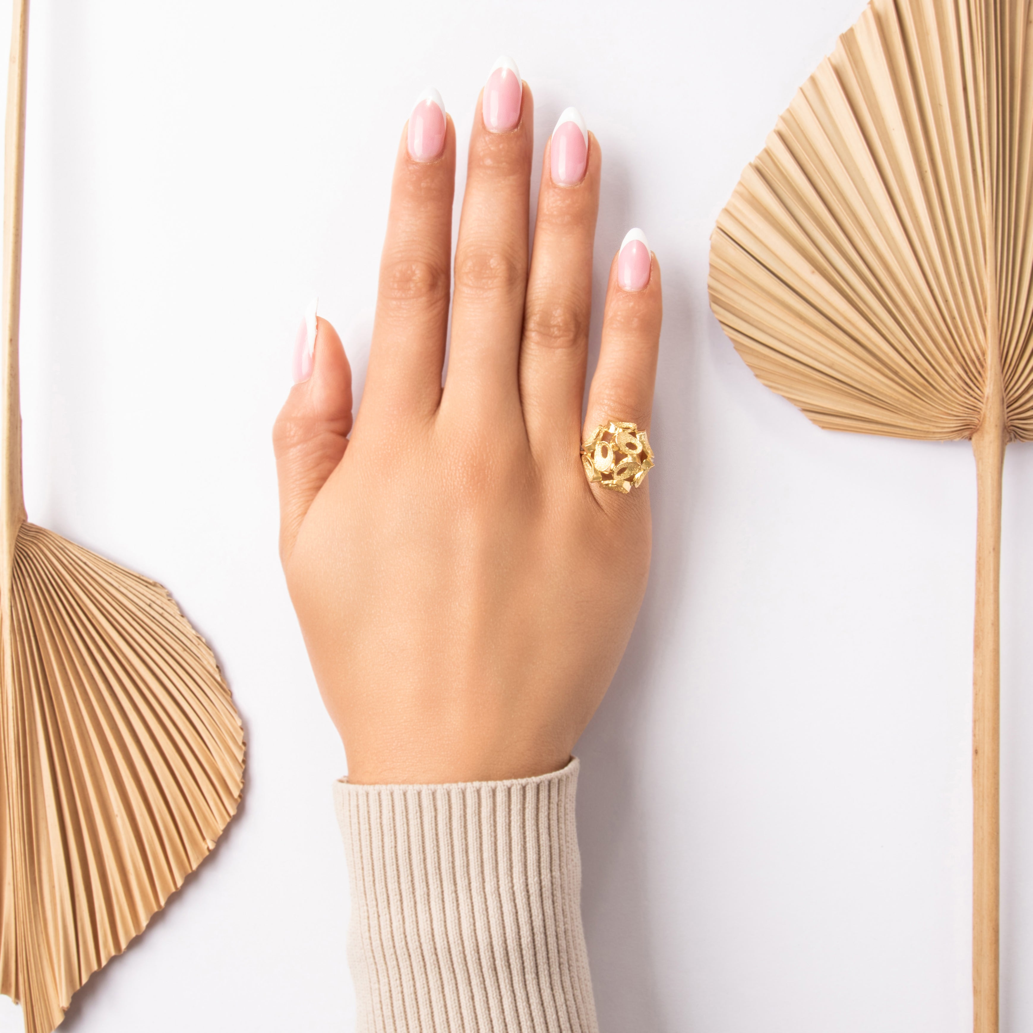 Vintage 18k Yellow Gold Funky Textured Tube Cluster Cocktail Ring - On model view