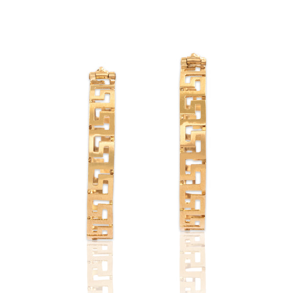 Vintage 18k Yellow Gold Gleaming Greek Key Motif Hoop Earrings