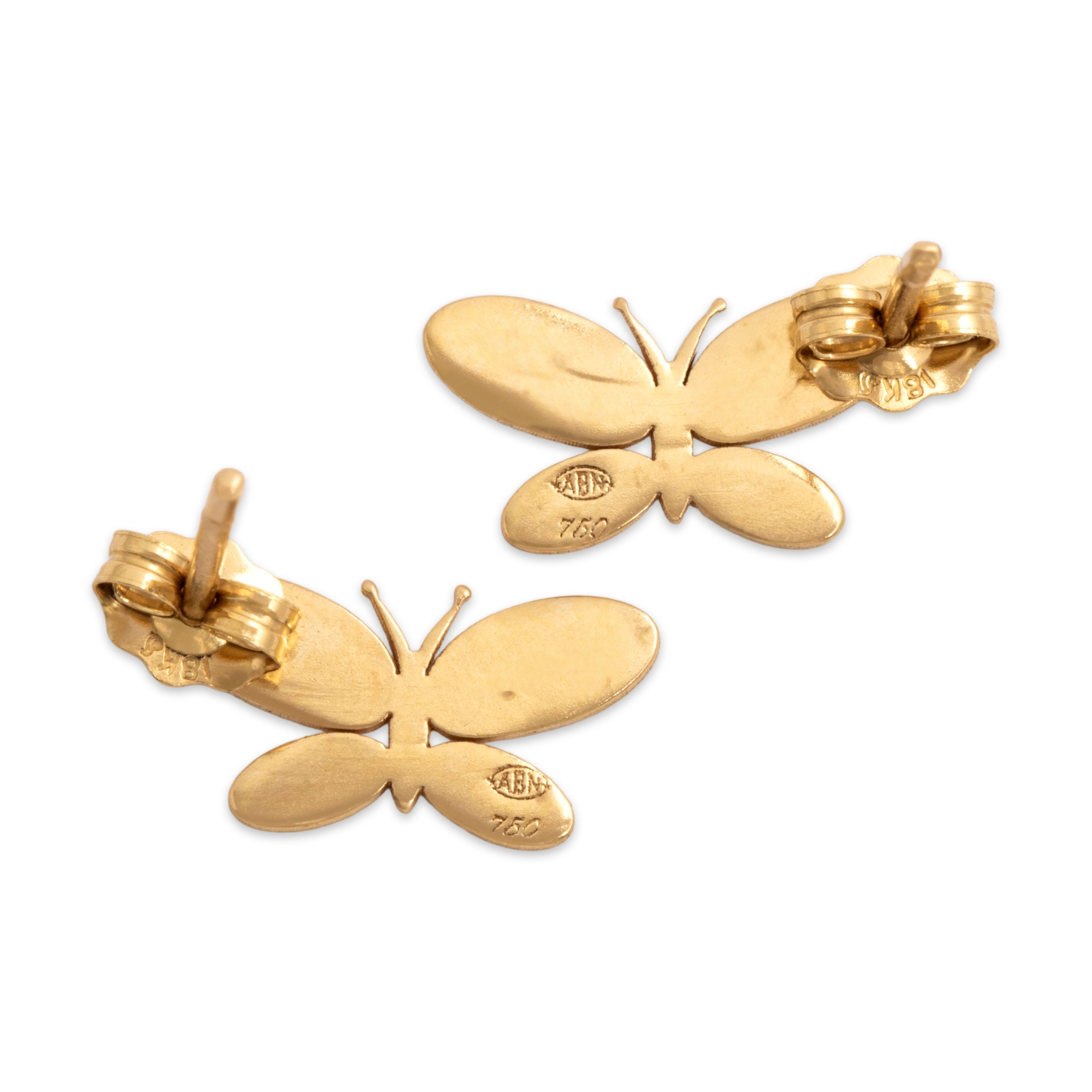 Vintage Lightweight 18k Yellow Gold Adorable Butterflies Stud Earrings - Back view