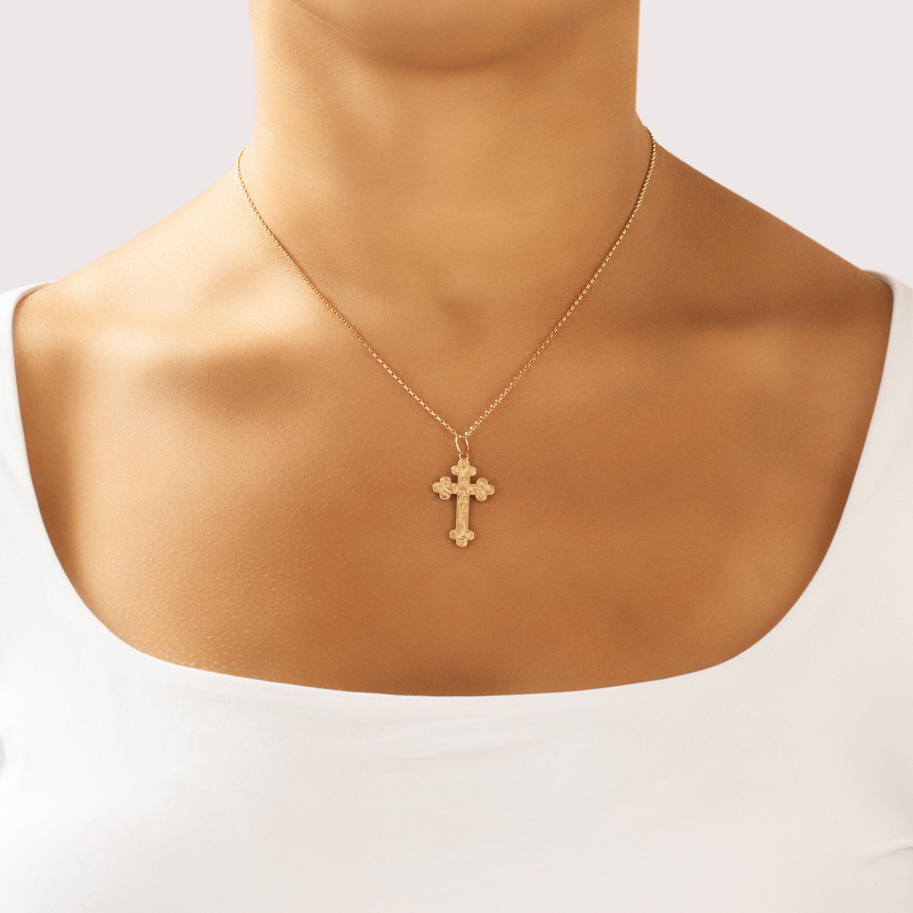 Antique English Lightweight 9k Rosy Yellow Gold Beautiful Hand-Decorated Cross Charm / Pendant - On model view