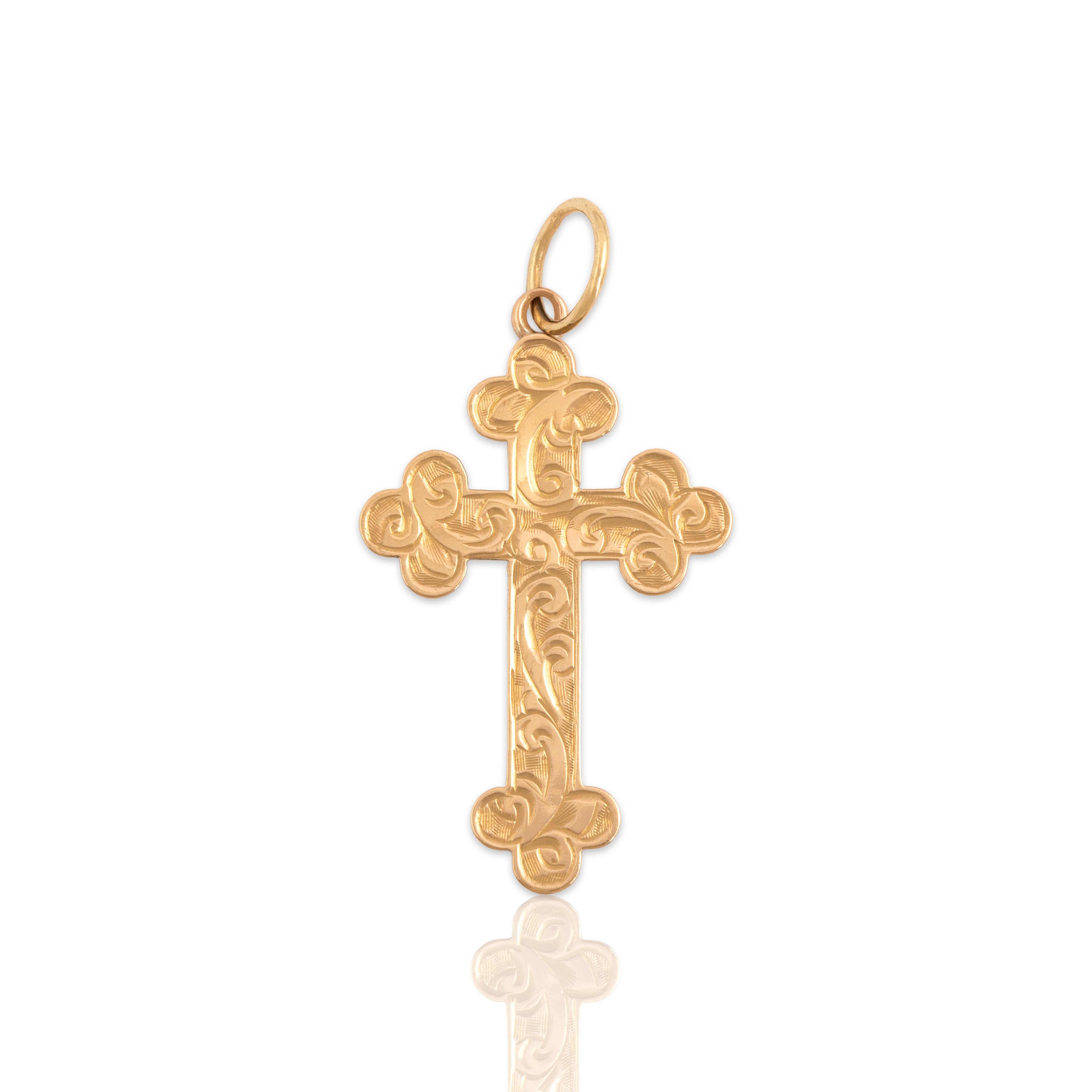Antique English Lightweight 9k Rosy Yellow Gold Beautiful Hand-Decorated Cross Charm / Pendant - Close-up view