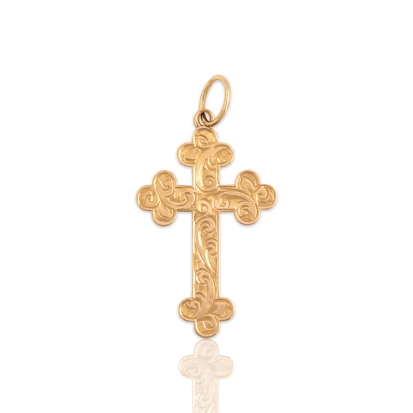 Antique English Lightweight 9k Rosy Yellow Gold Hand-Decorated Cross Pendant