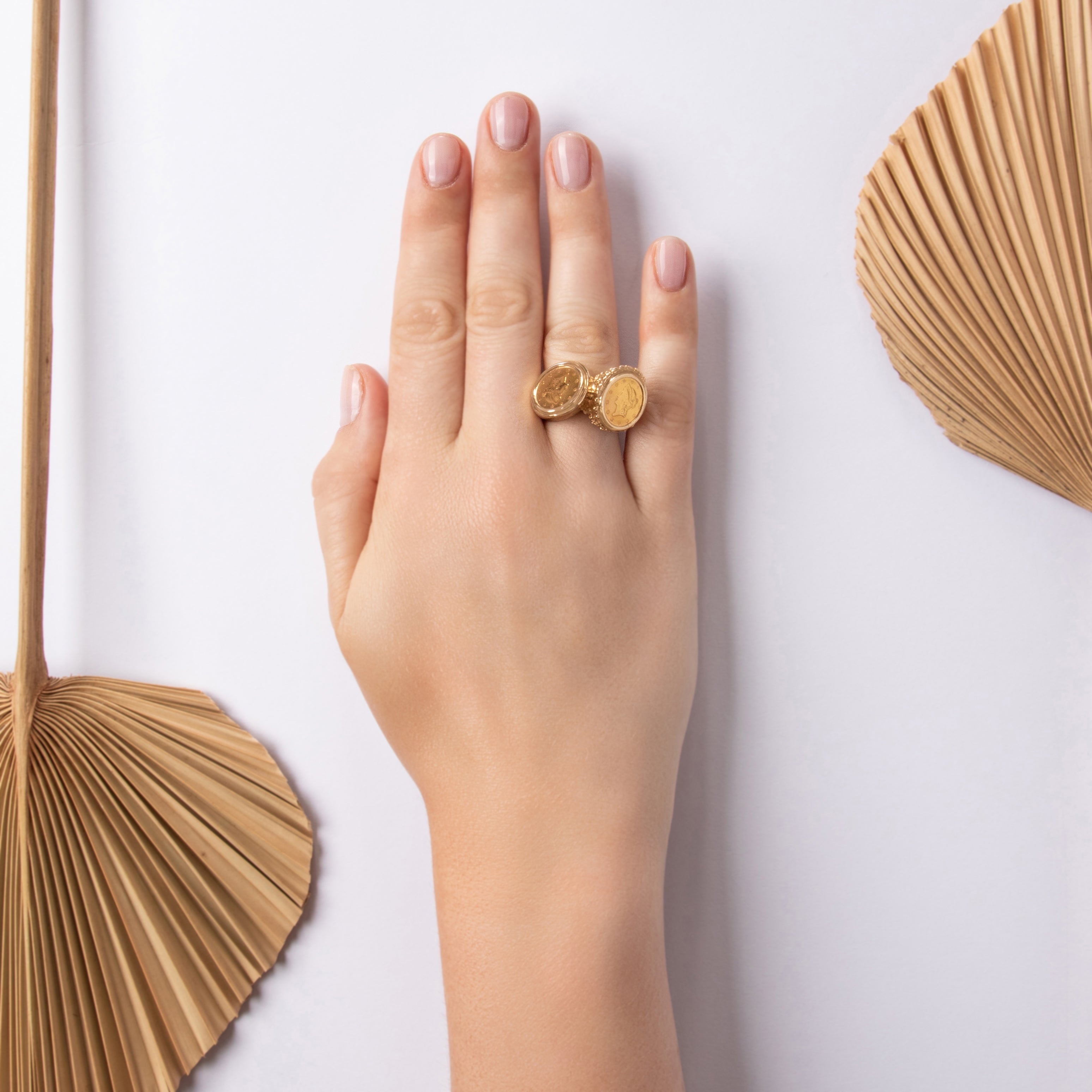 Vintage Heavy 14k & 22k Yellow Gold Brutalist Coin Duo Ring - On model view