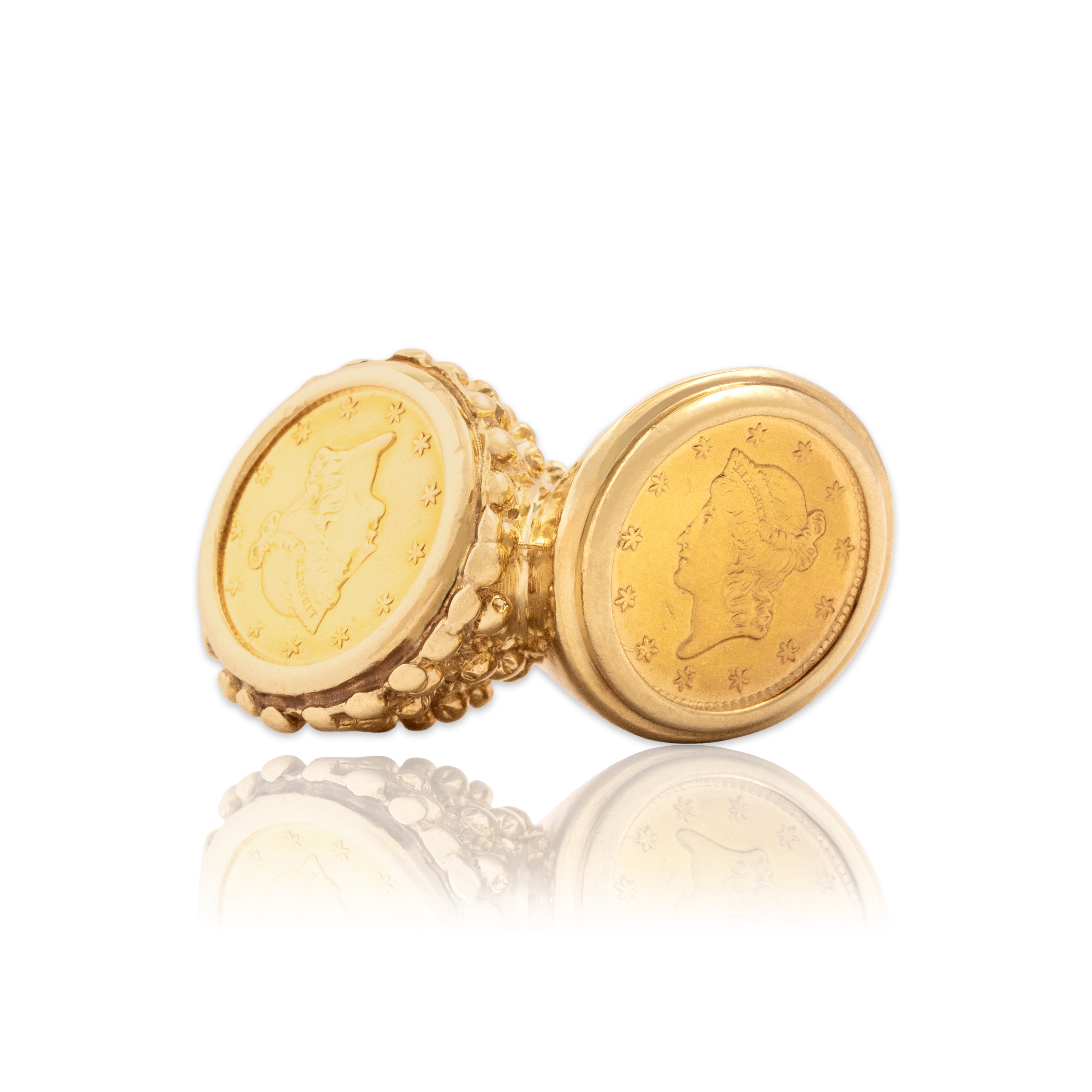 Vintage Heavy 14k & 22k Yellow Gold Brutalist Coin Duo Ring - Close-up view