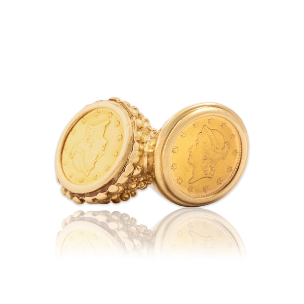 Vintage Heavy 14k & 22k Yellow Gold Brutalist Coin Duo Ring 6.50