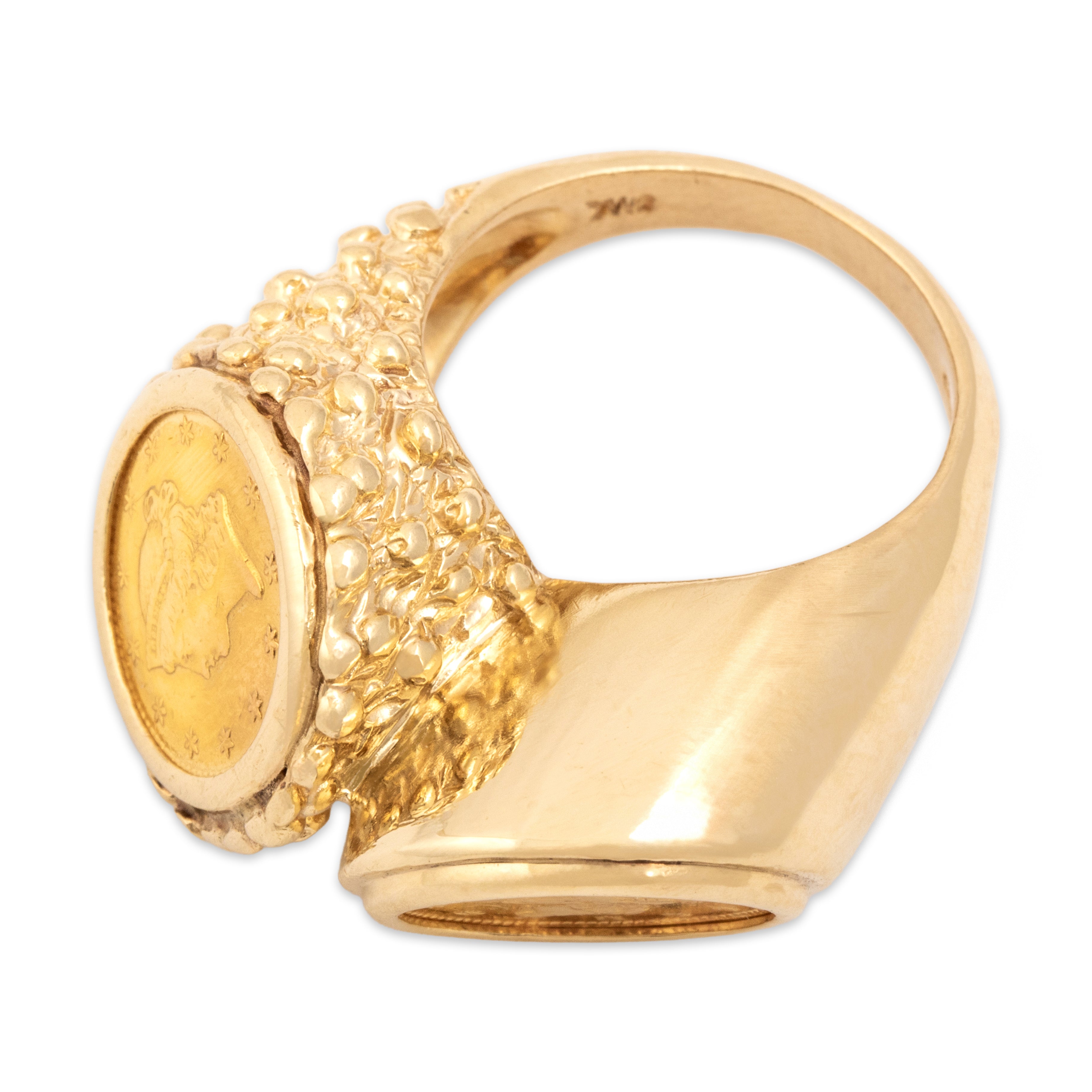Vintage Heavy 14k & 22k Yellow Gold Brutalist Coin Duo Ring - Overall view