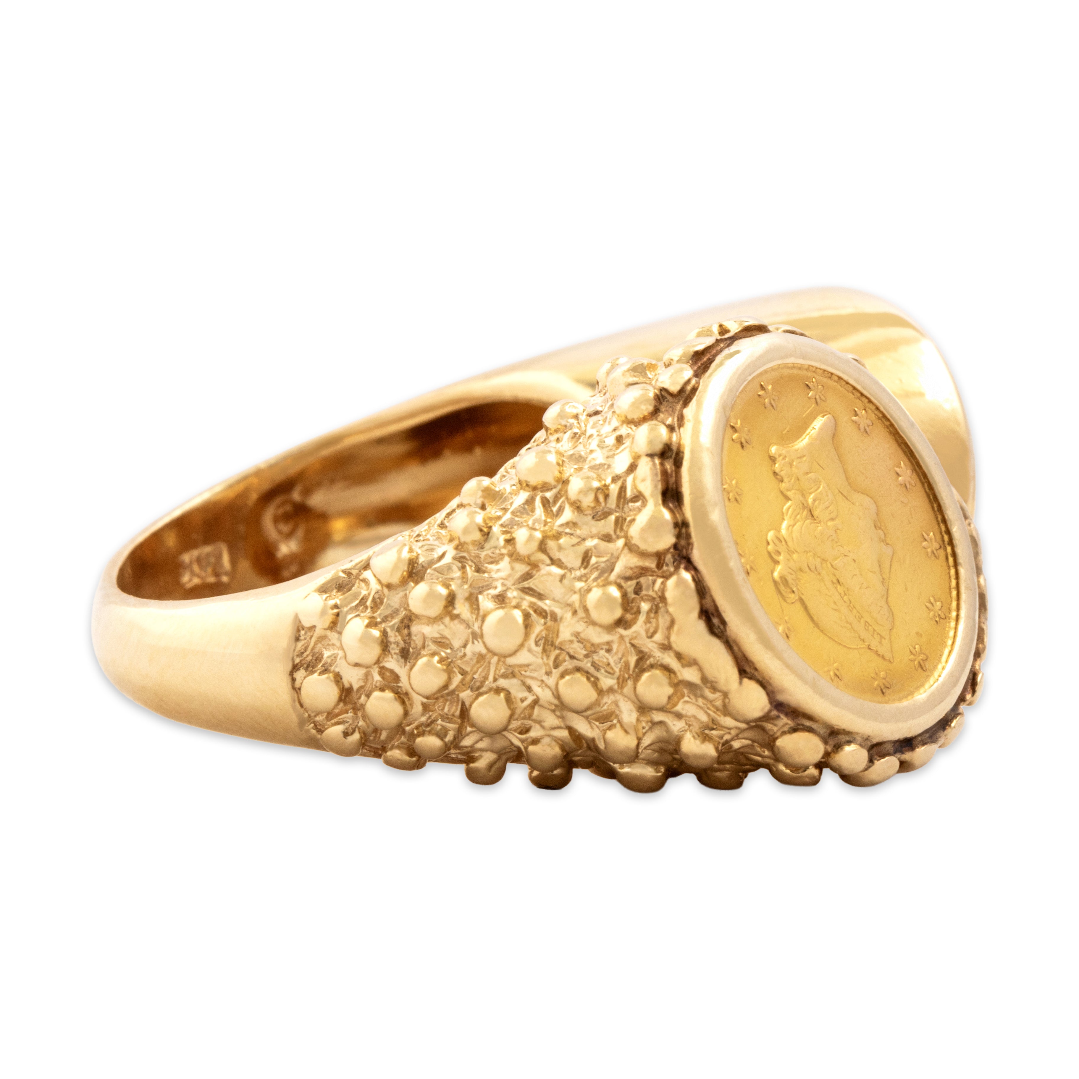 Vintage Heavy 14k & 22k Yellow Gold Brutalist Coin Duo Ring - Side view