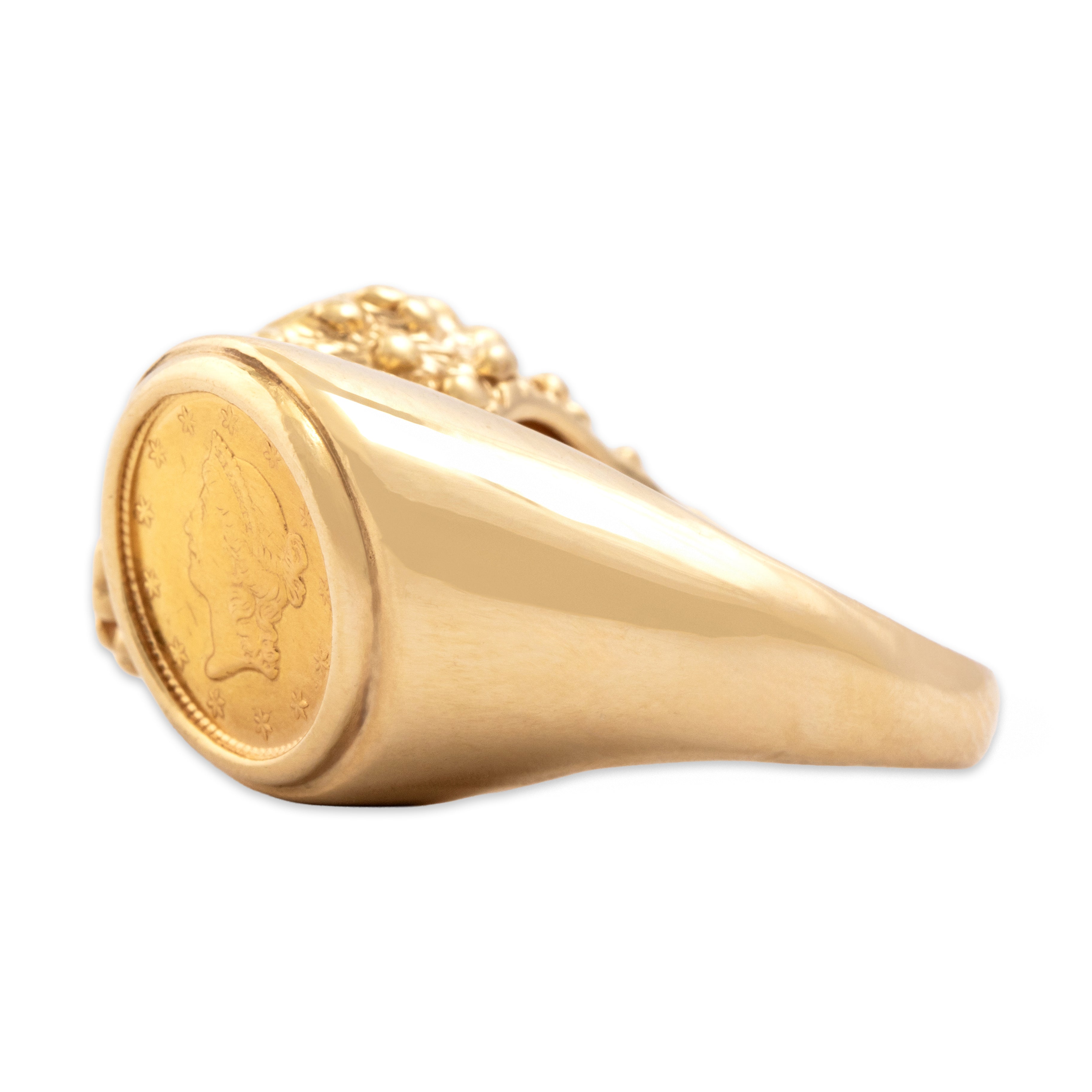 Vintage Heavy 14k & 22k Yellow Gold Brutalist Coin Duo Ring - Side view