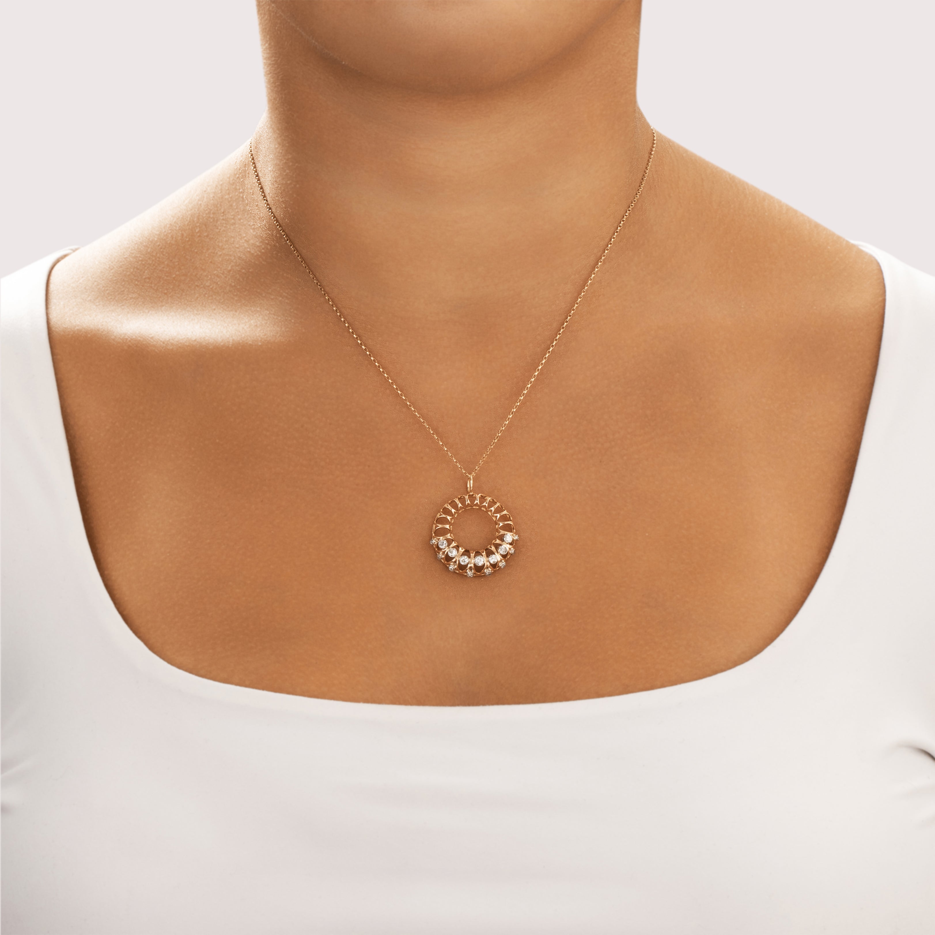 Vintage 18k Rosy Yellow Gold & Platinum & 14k Rosy Yellow Gold .5cttw Old Mine Cut Diamond Sparkling Wreath Medallion Pendant - On model view