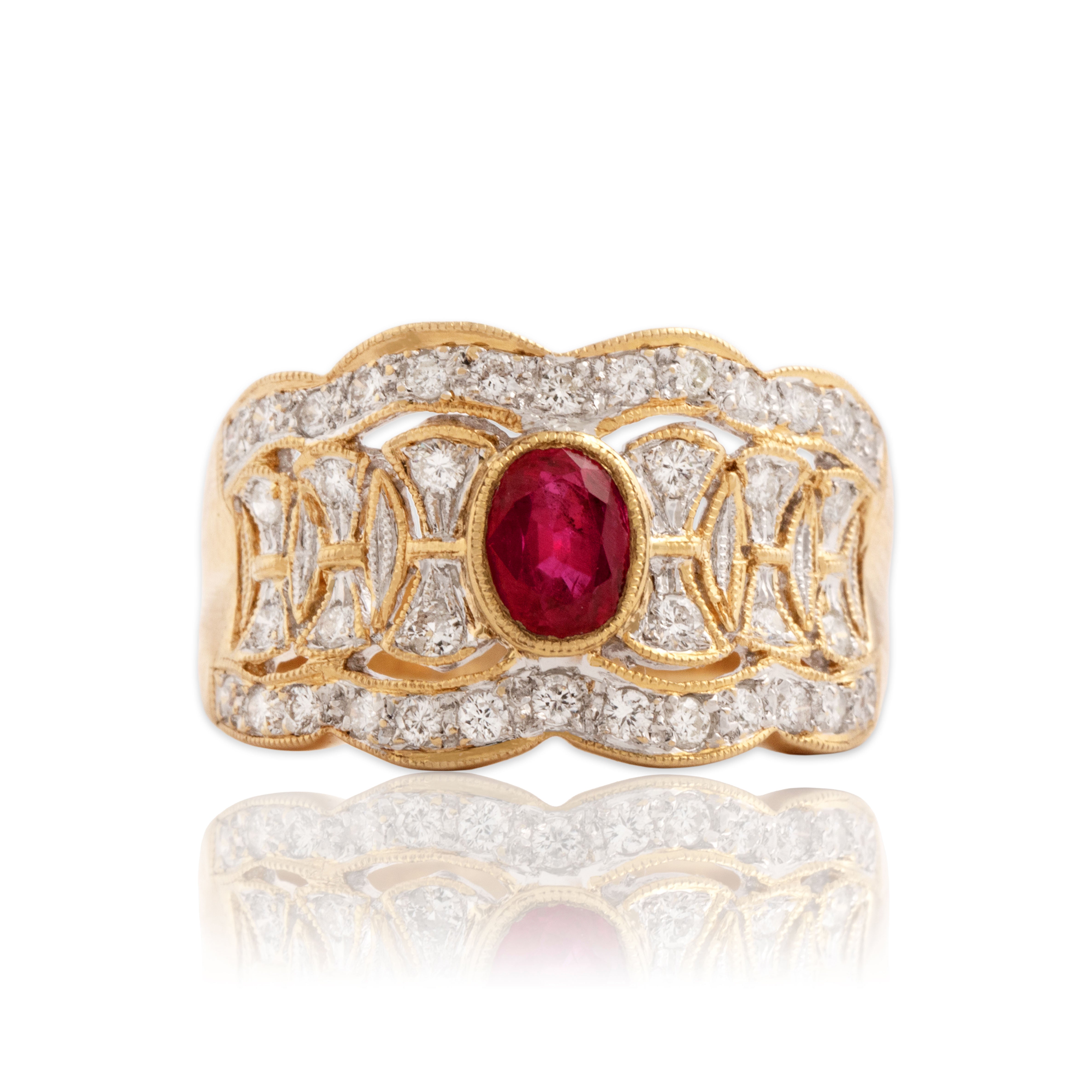 Vintage 18k Yellow & White Gold .52ct Ruby Diamond Stunning Scalloped Ring 7.00